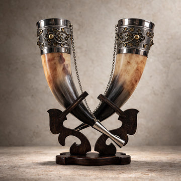 Viking Mug - Viking Drinking Horn Set with Wood Stand – Handcrafted Silver Filigree Norse Decor