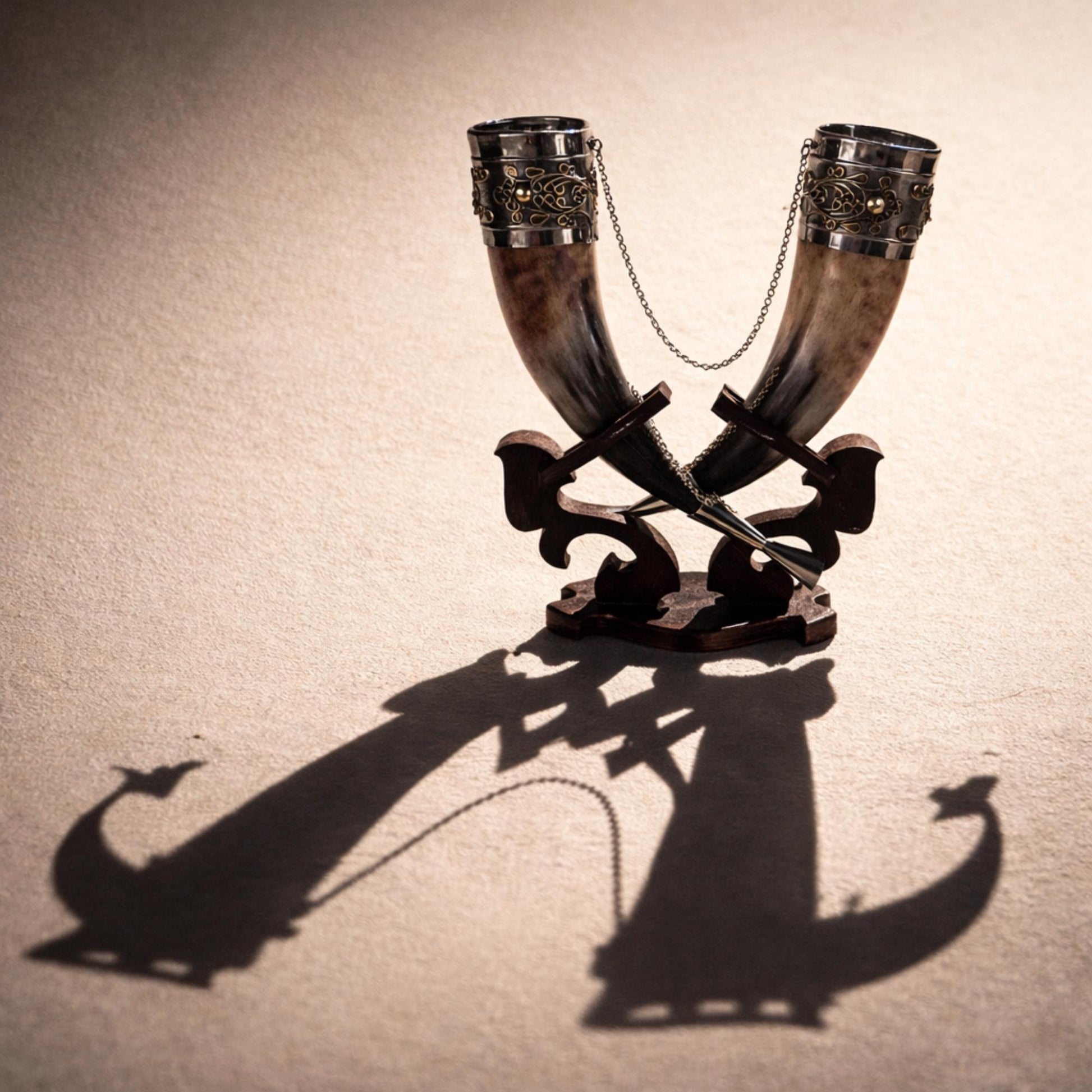 Viking Mug - Viking Drinking Horn Set with Wood Stand – Handcrafted Silver Filigree Norse Decor