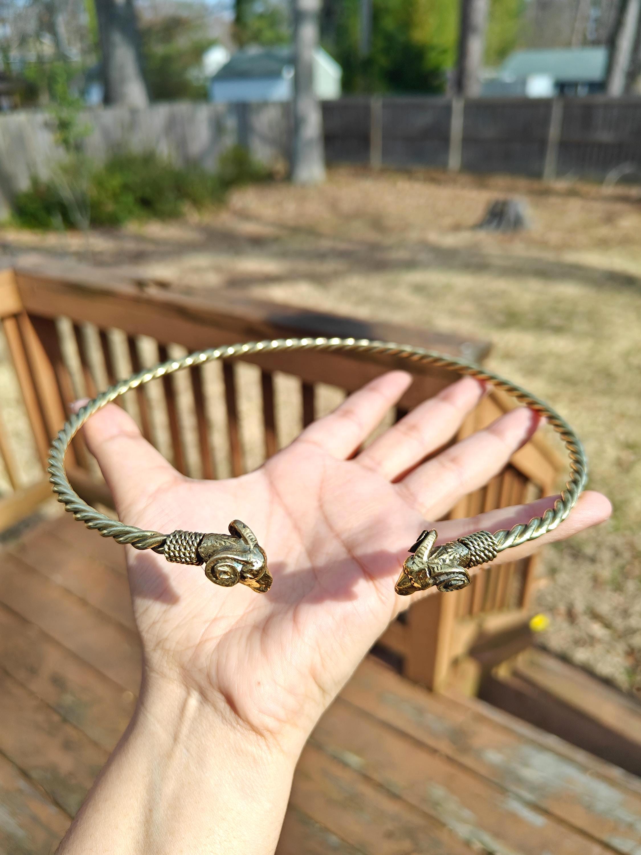Viking Necklace - Celtic Ram Head Torc, Brass Twisted Wire Choker, Viking Cosplay Hasli Jewelry