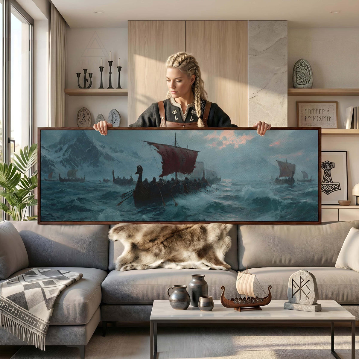 Viking Longship Home Decor - Panoramic Wall Art Viking Longship Canvas - Scandinavian Decor Norse