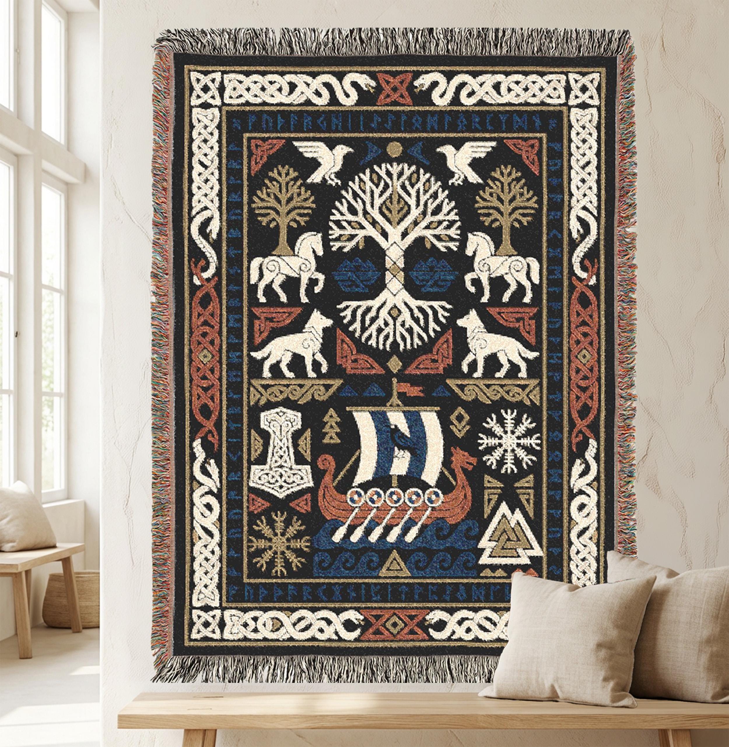Viking Thor's Hammer Blanket - Viking Longship Woven Blanket, Norse Mythology Tapestry Throw