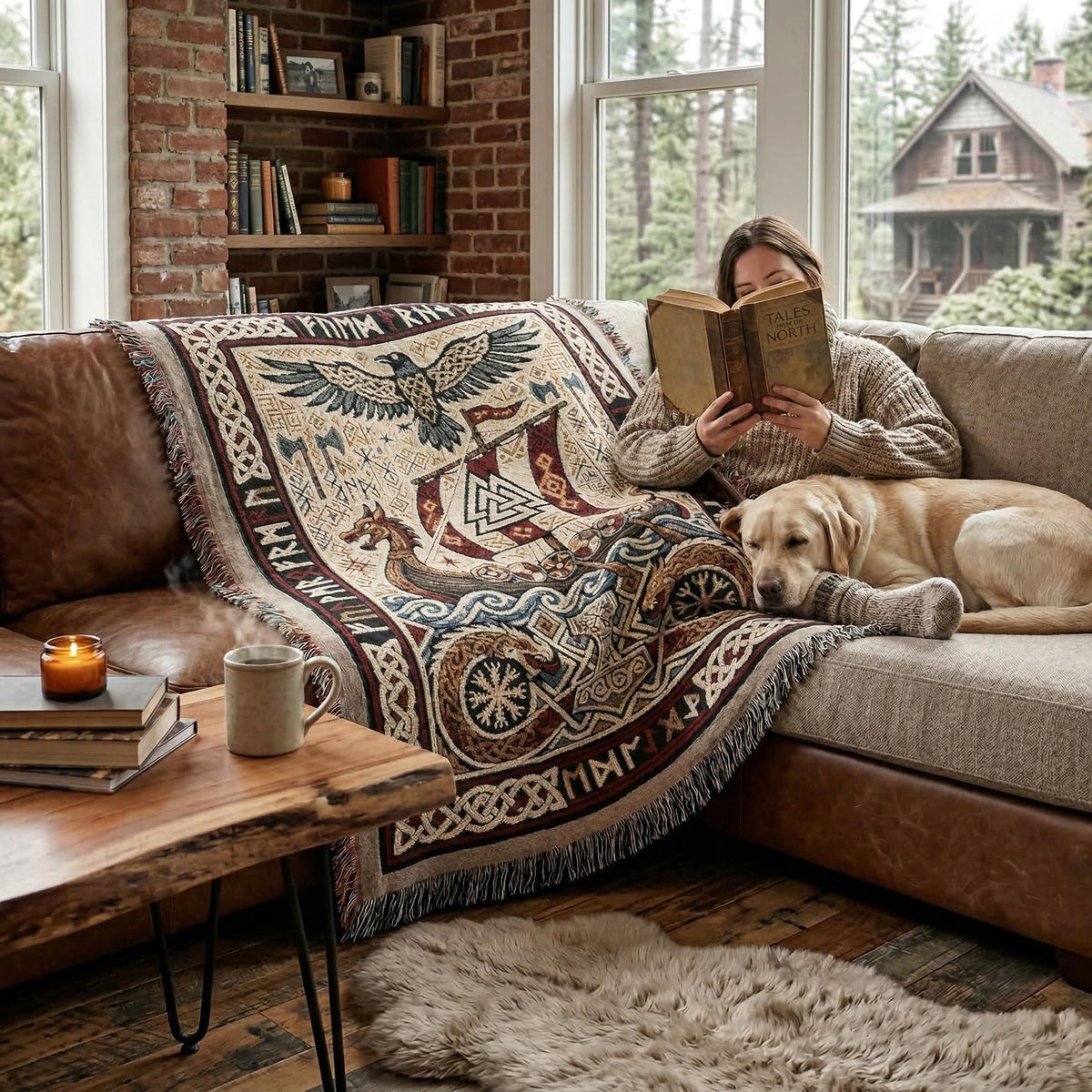 Viking Thor's Hammer Blanket - Viking Longship Woven Blanket, Norse Mythology Tapestry Throw