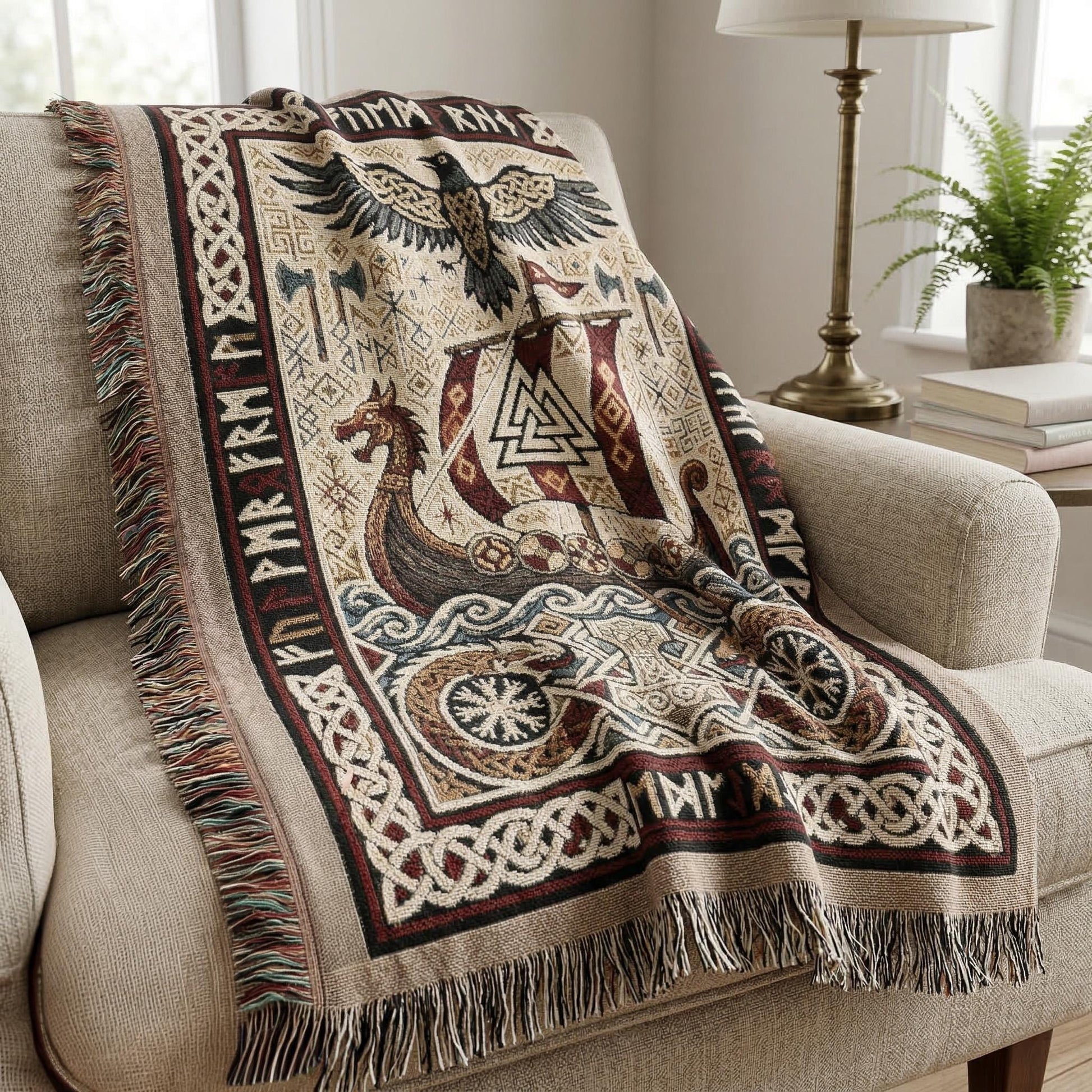 Viking Thor's Hammer Blanket - Viking Longship Woven Blanket, Norse Mythology Tapestry Throw