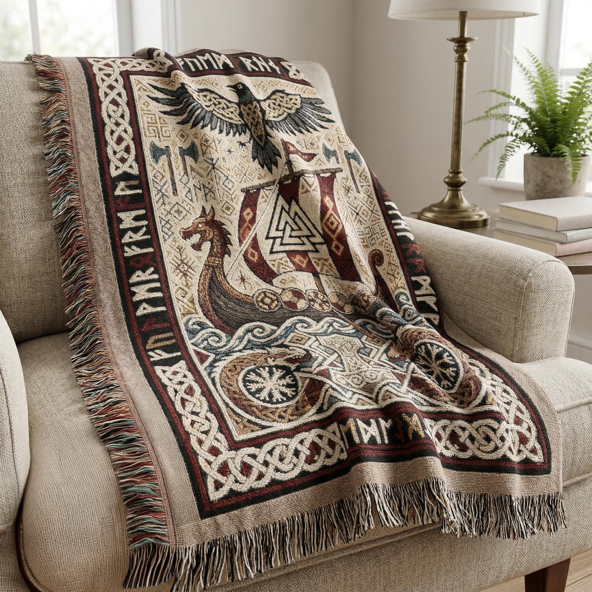Viking Thor's Hammer Blanket - Viking Longship Woven Blanket, Norse Mythology Tapestry Throw