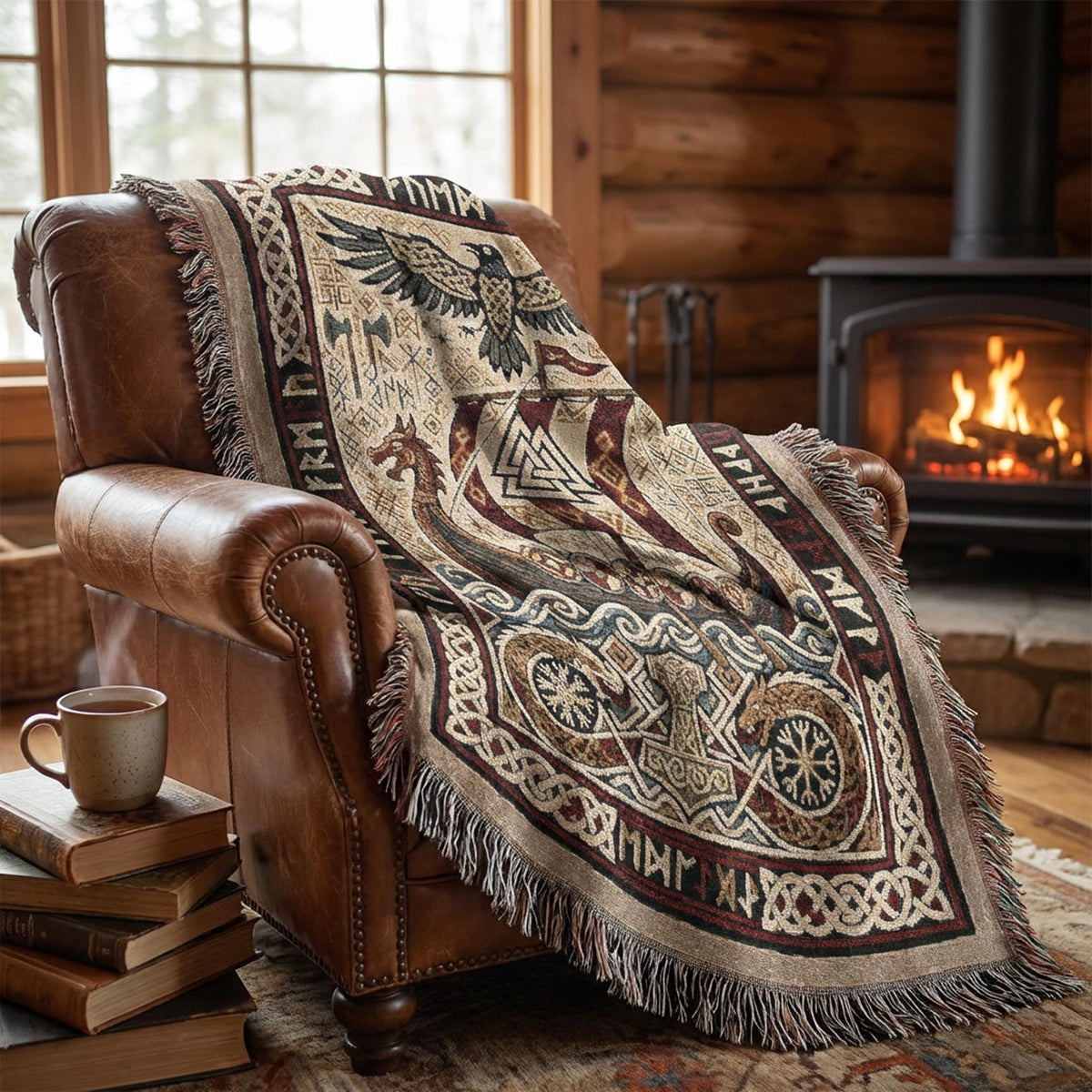 Viking Thor's Hammer Blanket - Viking Longship Woven Blanket, Norse Mythology Tapestry Throw