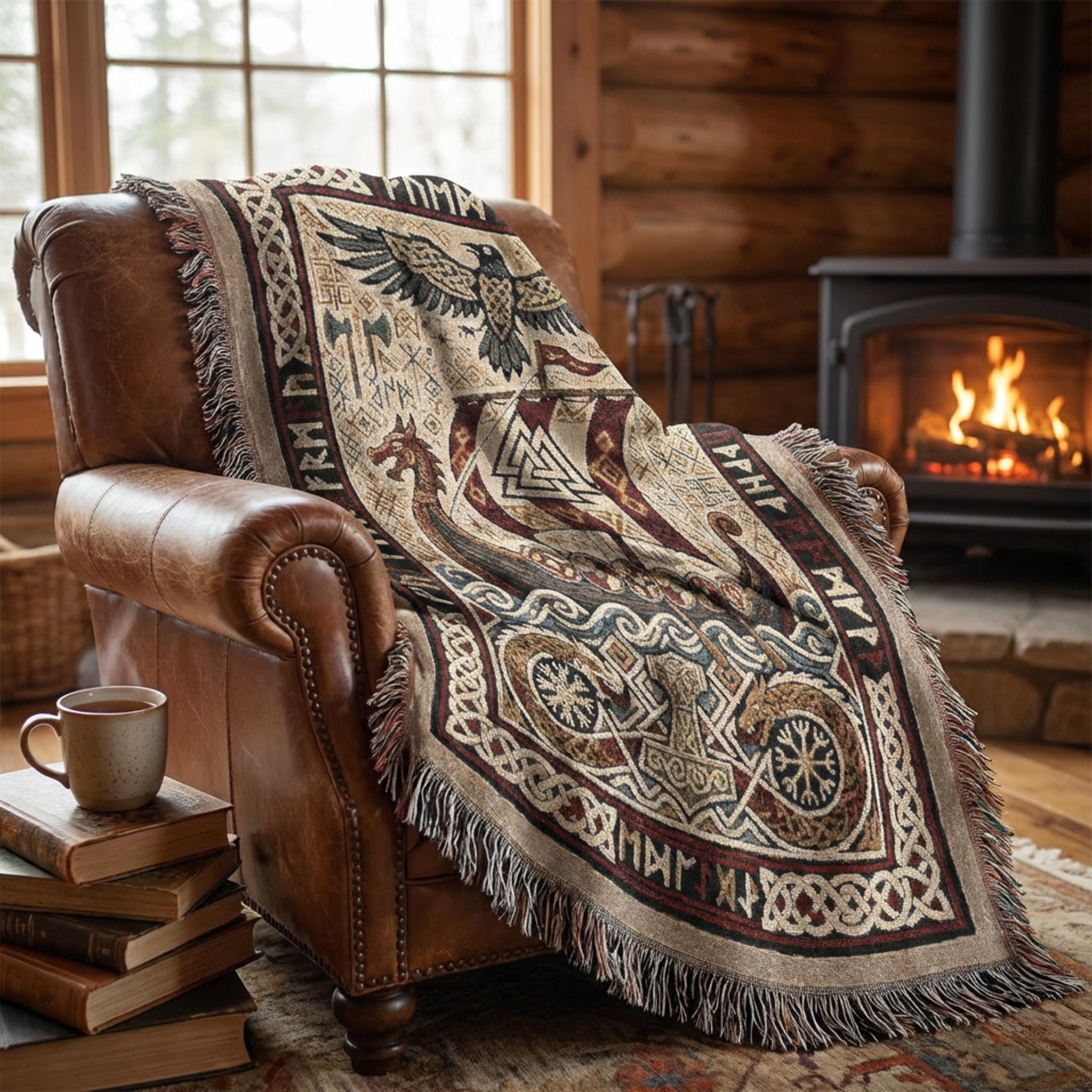Viking Thor's Hammer Blanket - Viking Longship Woven Blanket, Norse Mythology Tapestry Throw