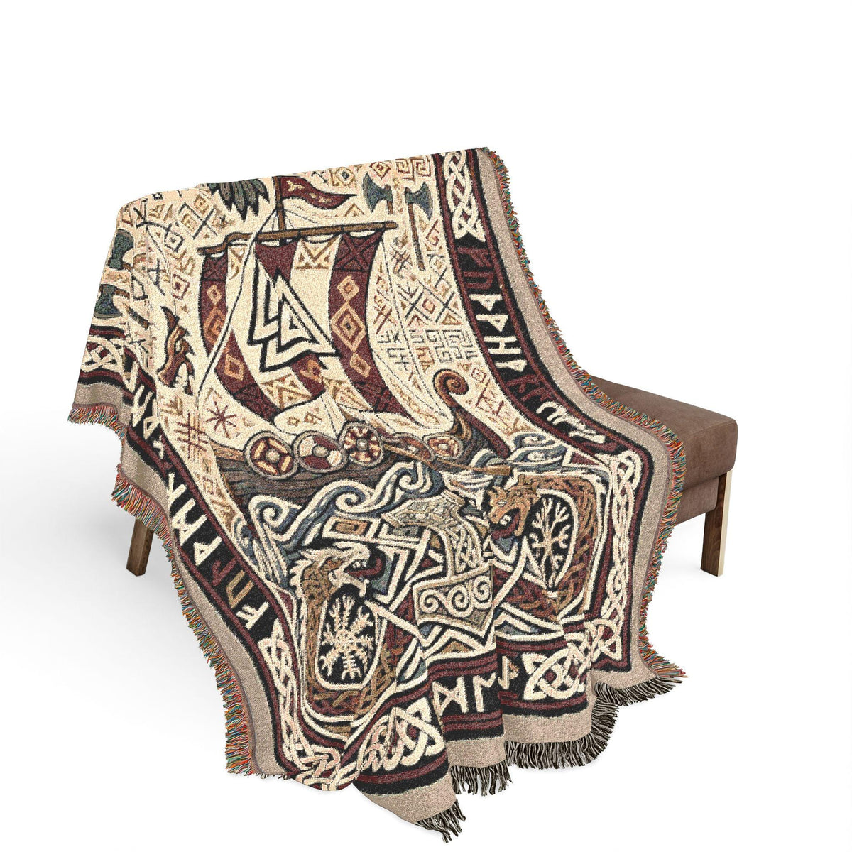 Viking Thor's Hammer Blanket - Viking Longship Woven Blanket, Norse Mythology Tapestry Throw
