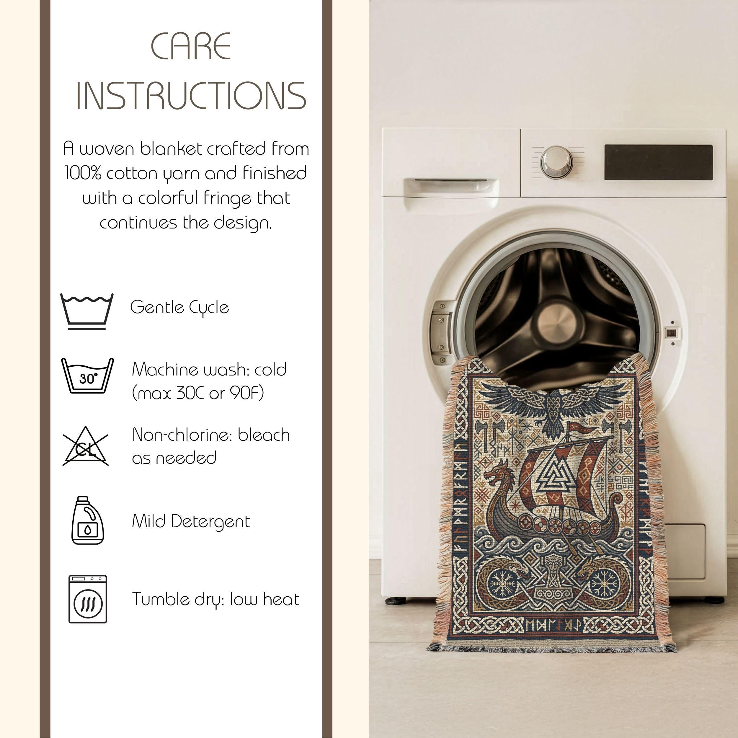 Viking Thor's Hammer Blanket - Viking Longship Woven Blanket, Norse Mythology Tapestry Throw
