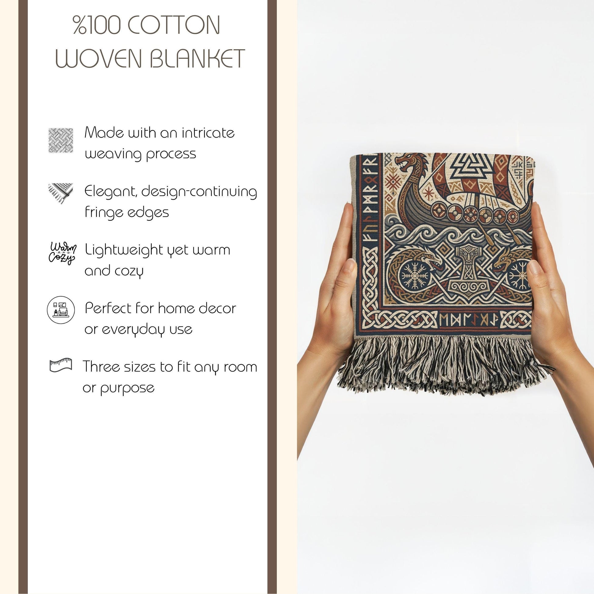 Viking Thor's Hammer Blanket - Viking Longship Woven Blanket, Norse Mythology Tapestry Throw