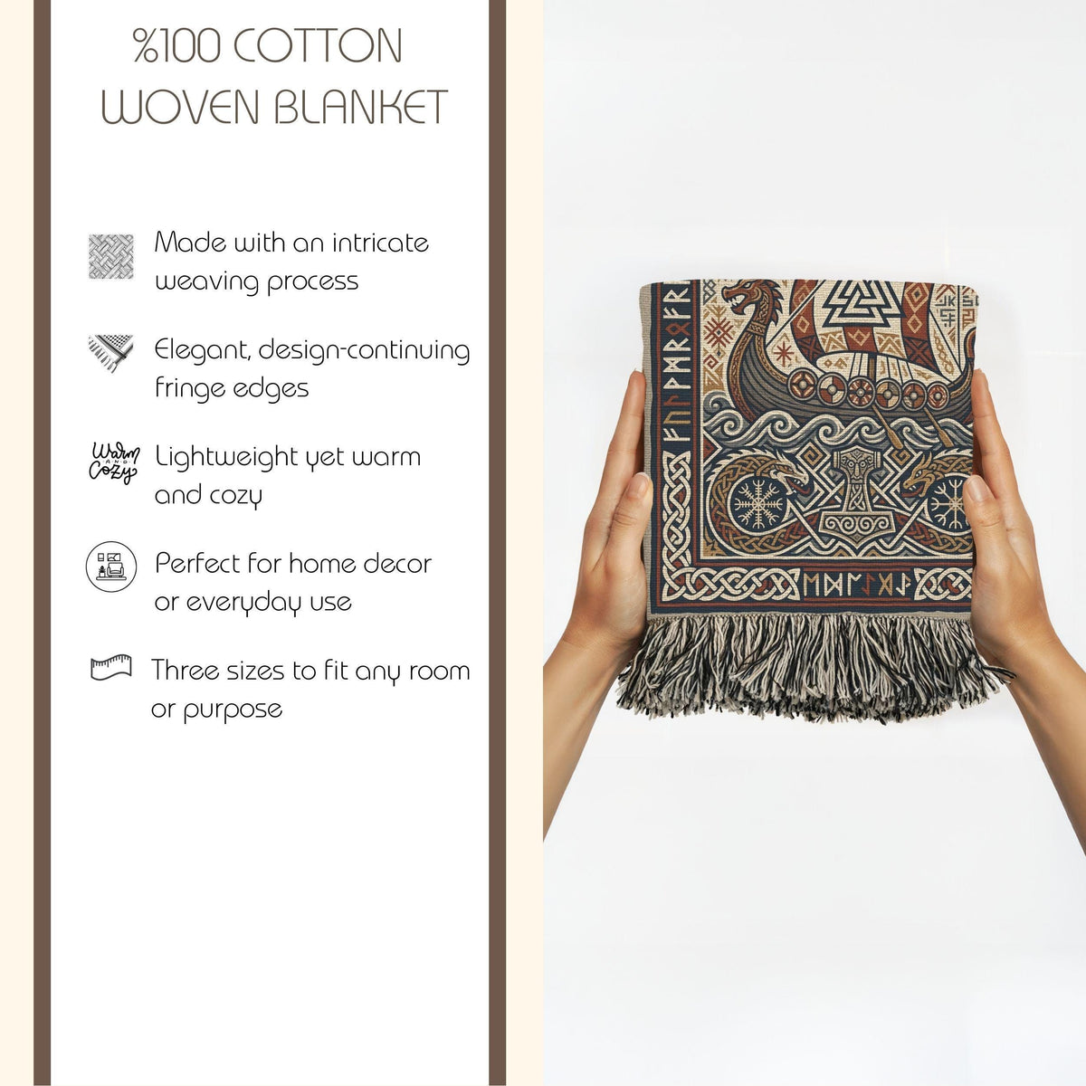 Viking Thor's Hammer Blanket - Viking Longship Woven Blanket, Norse Mythology Tapestry Throw