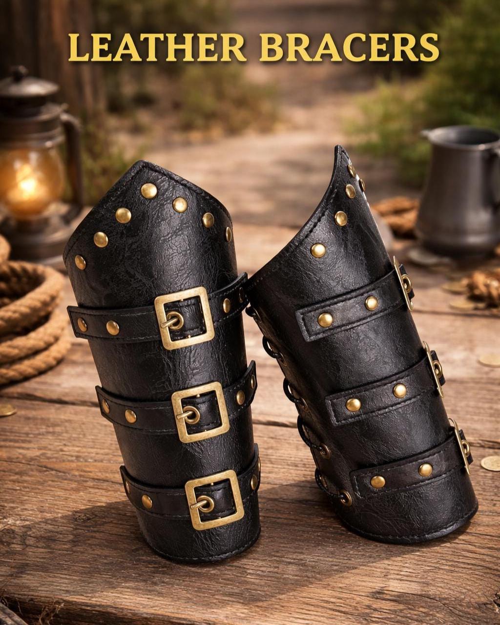 Viking Costume & LARP - Medieval Leather Bracers – Viking Arm Guards for LARP & Cosplay