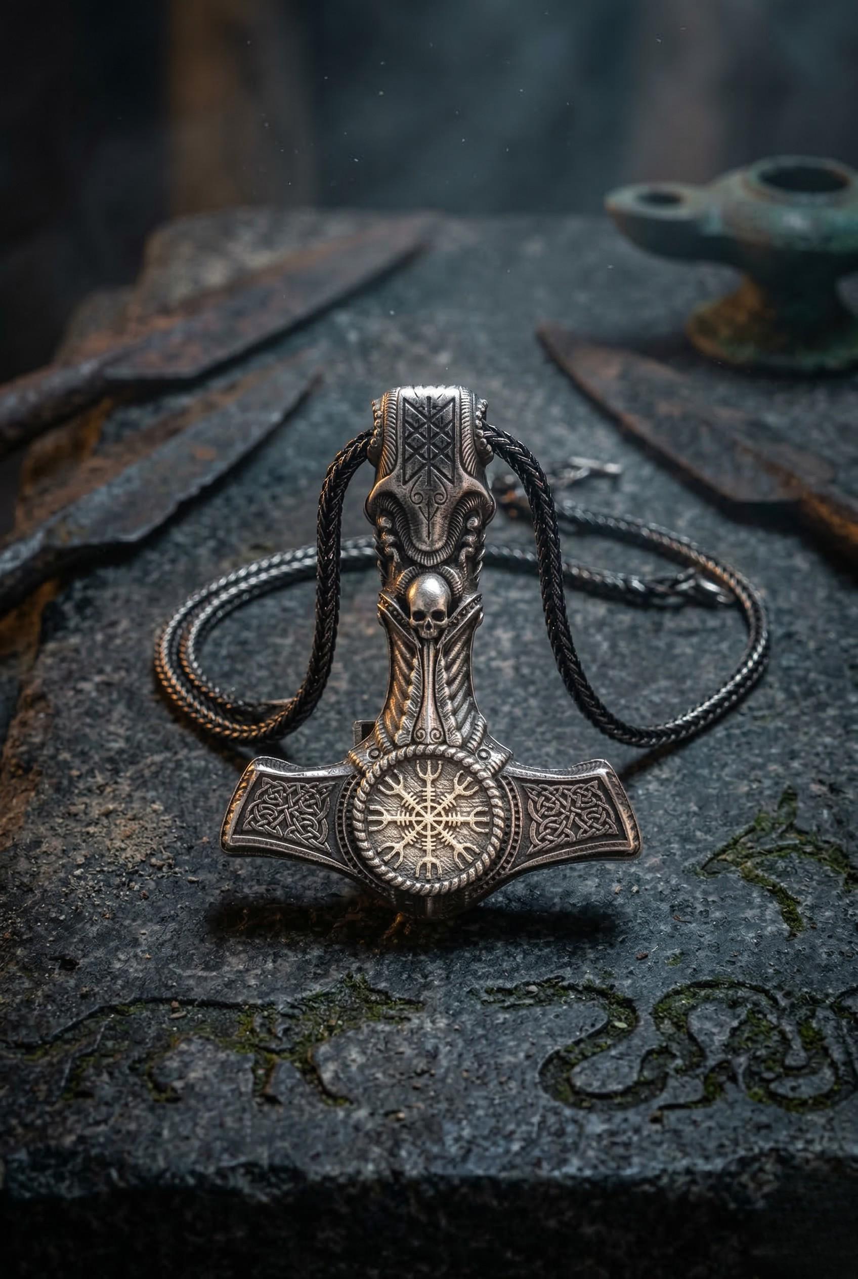 Viking Thor's Hammer Necklace - Viking Mjölnir Necklace - Thor Hammer with Skull and Rune Details