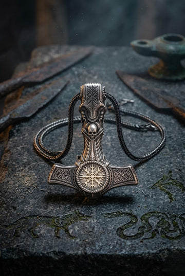 Viking Thor's Hammer Necklace - Viking Mjölnir Necklace - Thor Hammer with Skull and Rune Details