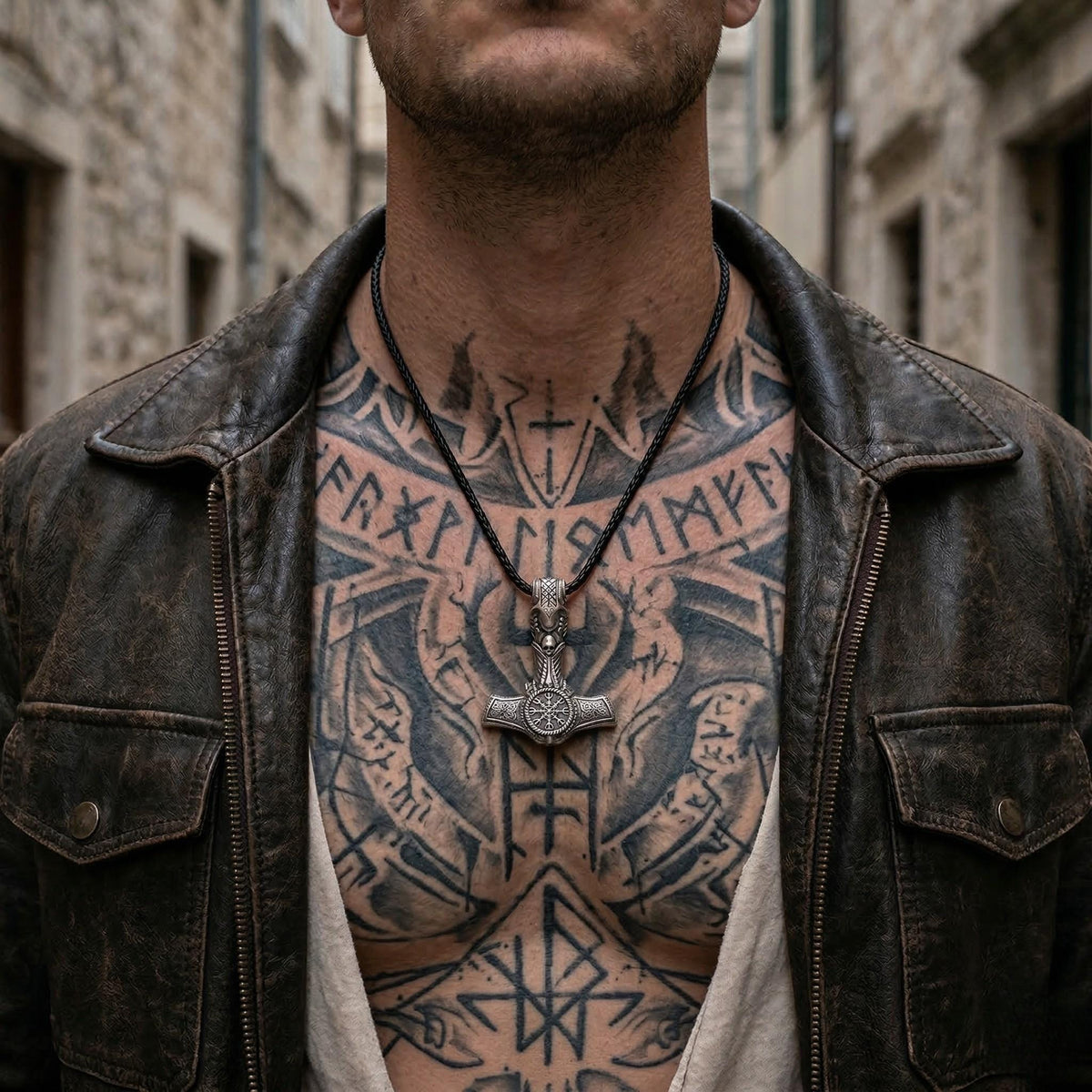 Viking Thor's Hammer Necklace - Viking Mjölnir Necklace - Thor Hammer with Skull and Rune Details