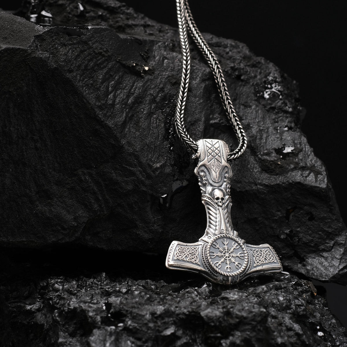 Viking Thor's Hammer Necklace - Viking Mjölnir Necklace - Thor Hammer with Skull and Rune Details
