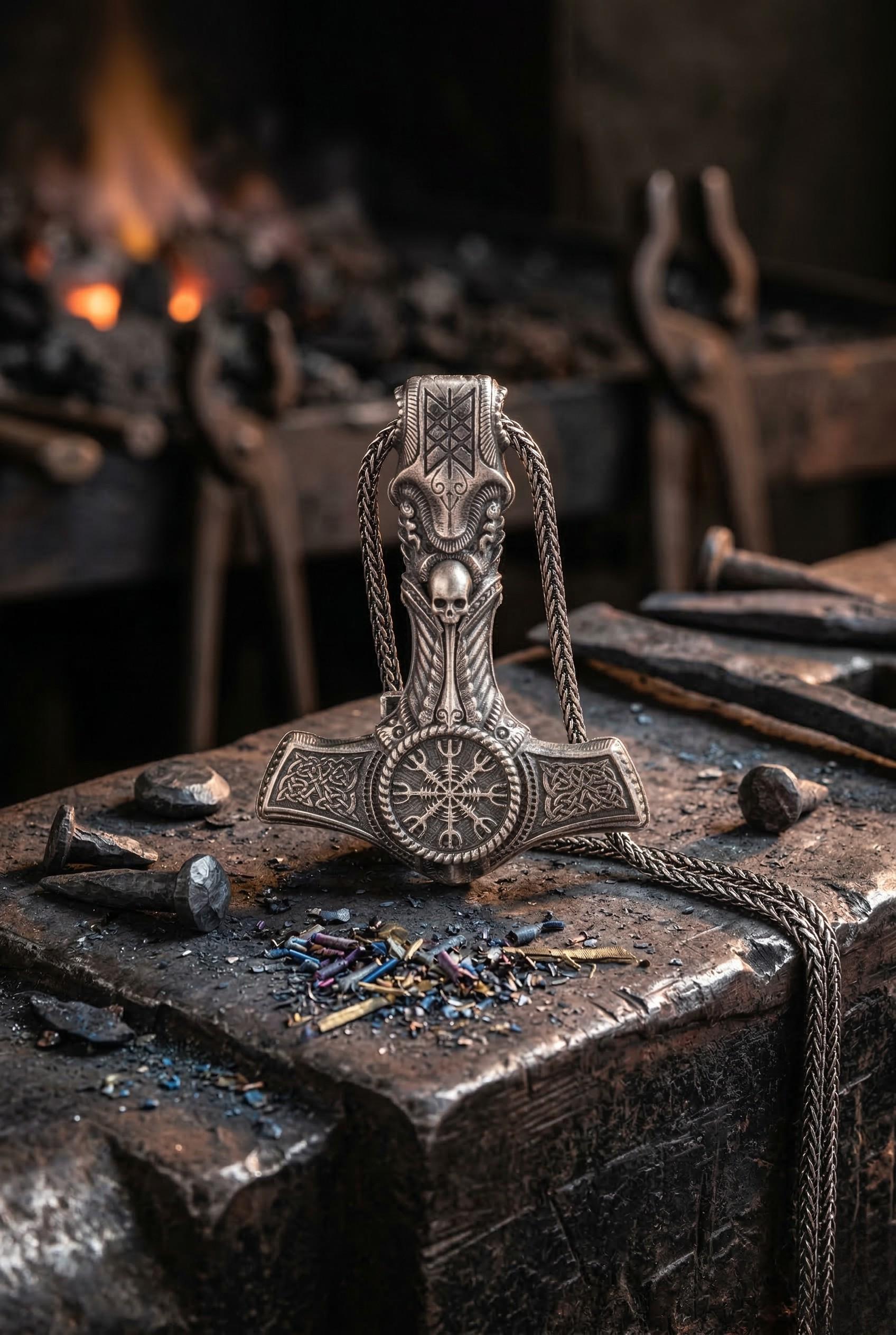 Viking Thor's Hammer Necklace - Viking Mjölnir Necklace - Thor Hammer with Skull and Rune Details