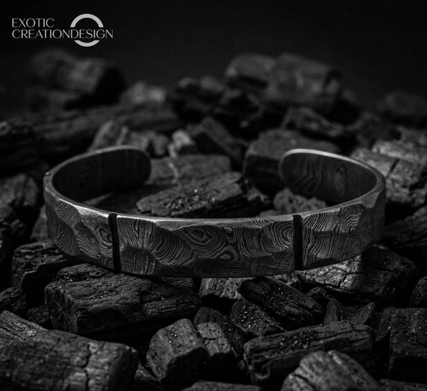 Viking Bracelet - Hand Forged Damascus Steel Viking Cuff Bracelet, Rustic Nordic Bangle