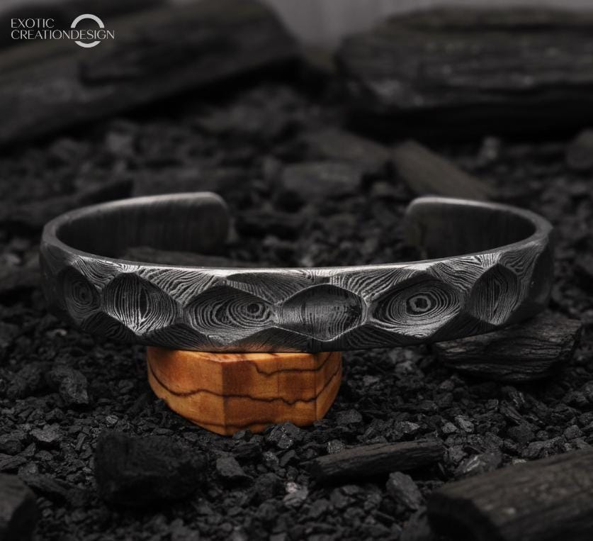 Viking Bracelet - Hand Forged Damascus Steel Viking Cuff Bracelet, Rustic Nordic Bangle