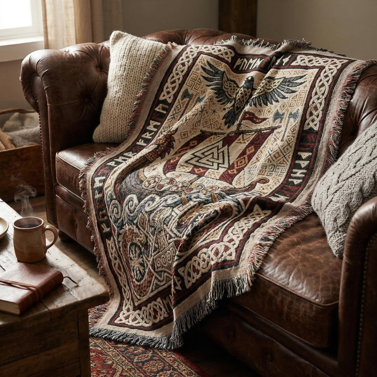 Viking Thor's Hammer Blanket - Viking Longship Woven Blanket, Norse Mythology Tapestry Throw