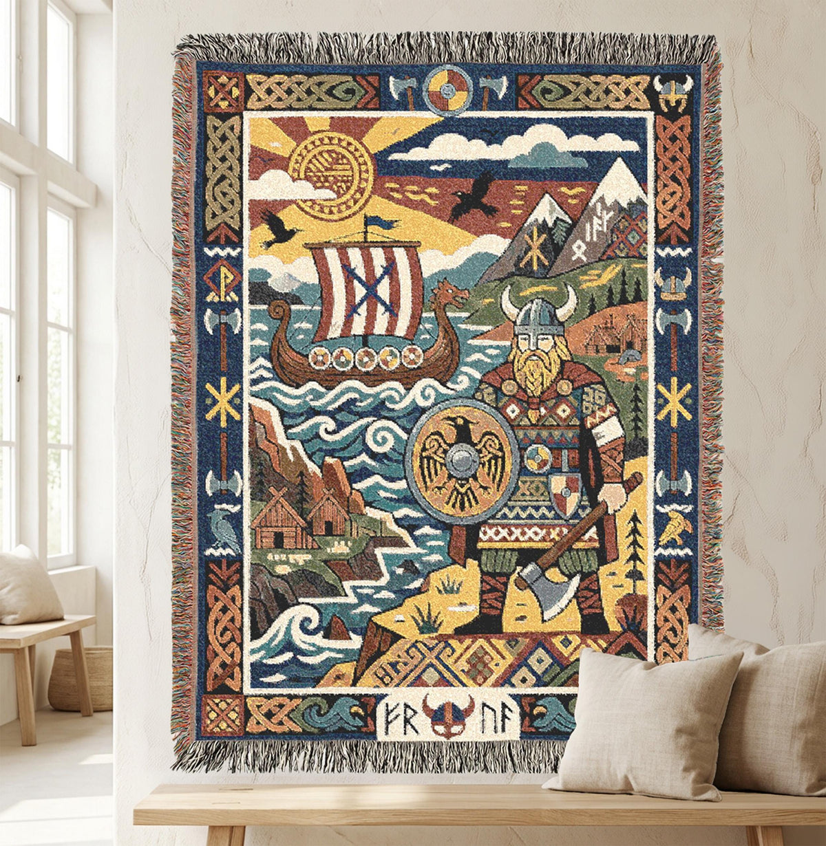 Viking Blanket - Viking Couple Woven Blanket, Norse Warrior Tapestry, Nordic Mythology Wall