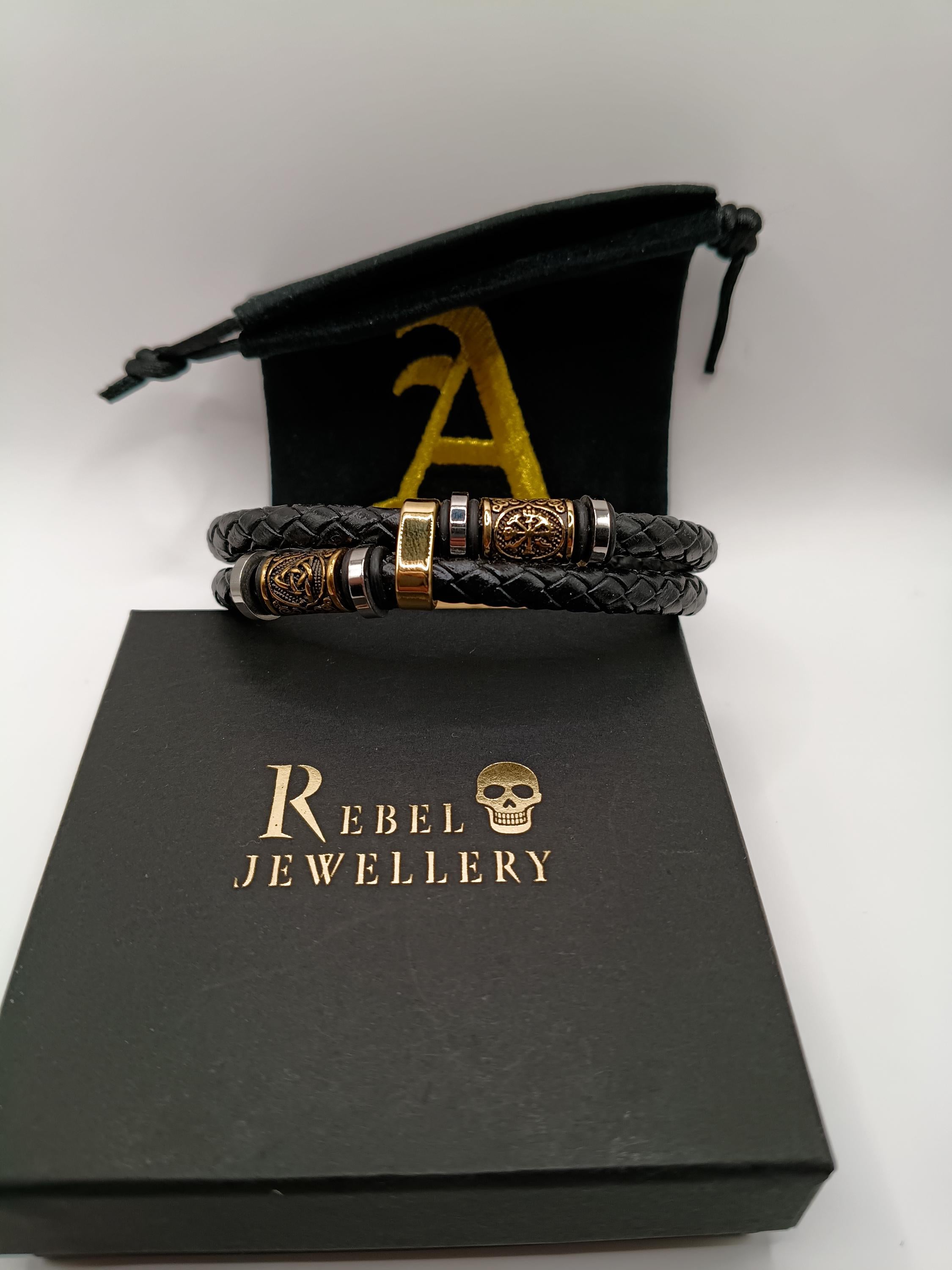 Viking Bracelet - Mens Nordic viking rhune mens leather bracelet gold and black braided. Stainless