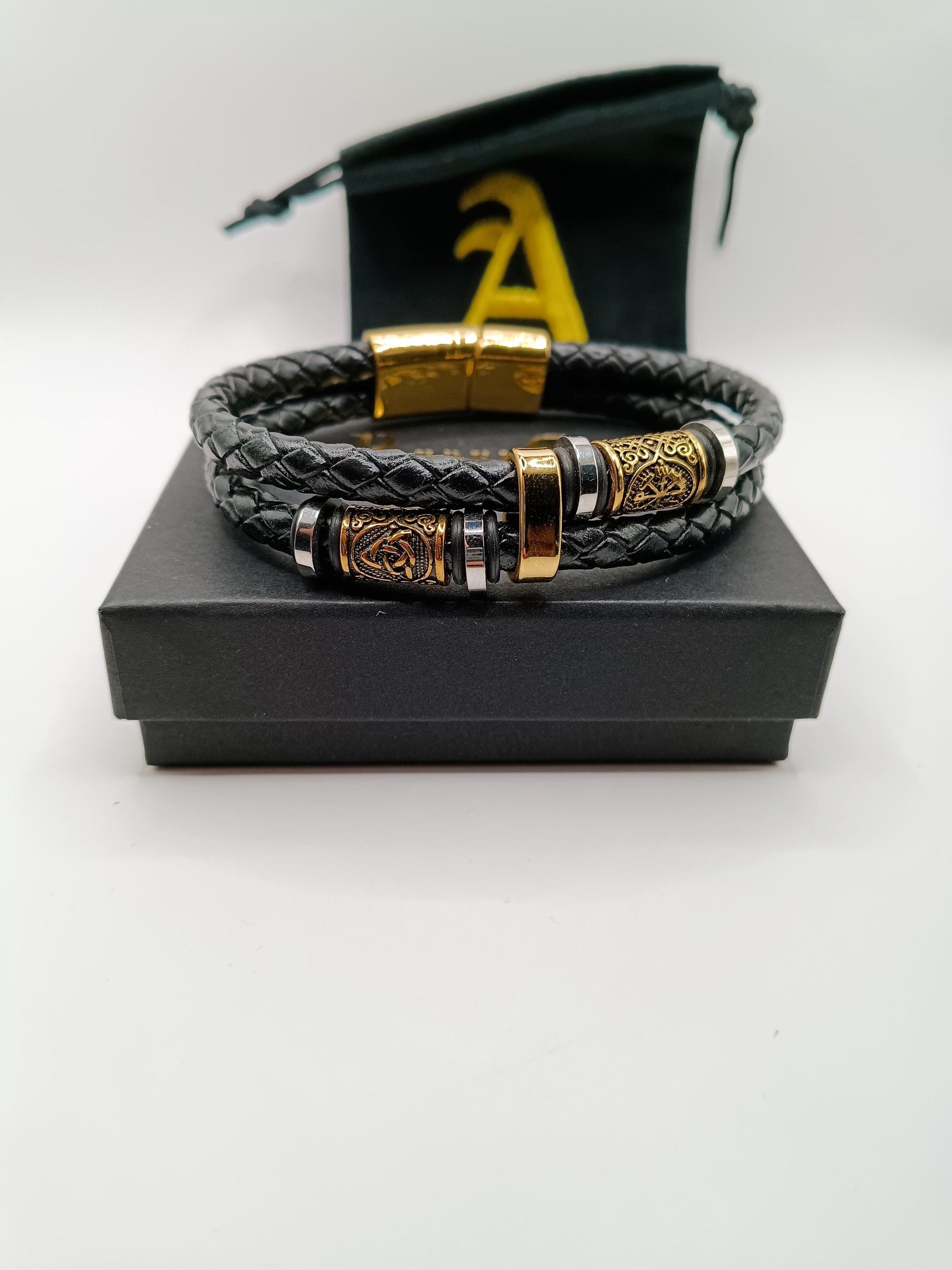 Viking Bracelet - Mens Nordic viking rhune mens leather bracelet gold and black braided. Stainless