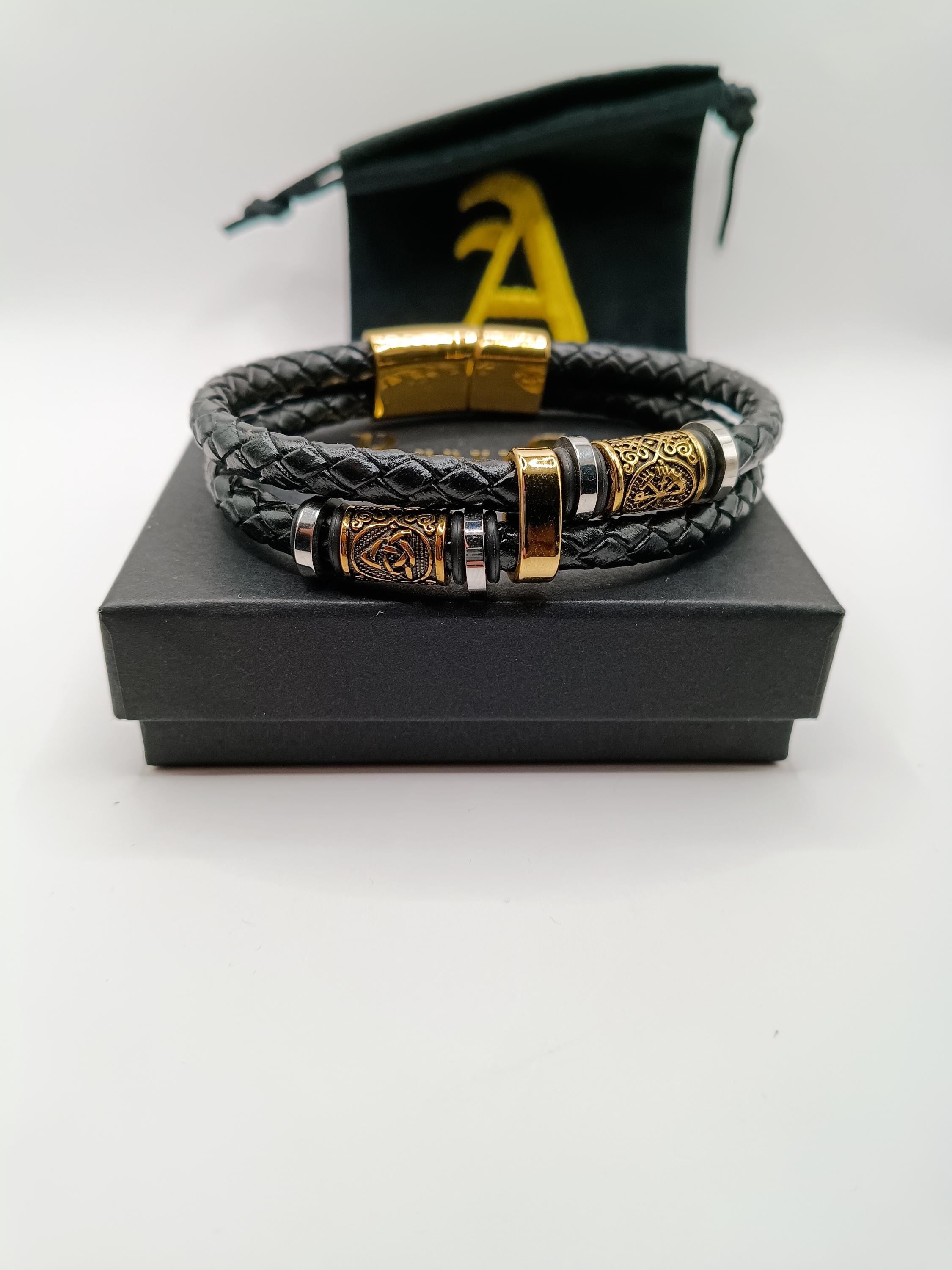 Viking Bracelet - Mens Nordic viking rhune mens leather bracelet gold and black braided. Stainless