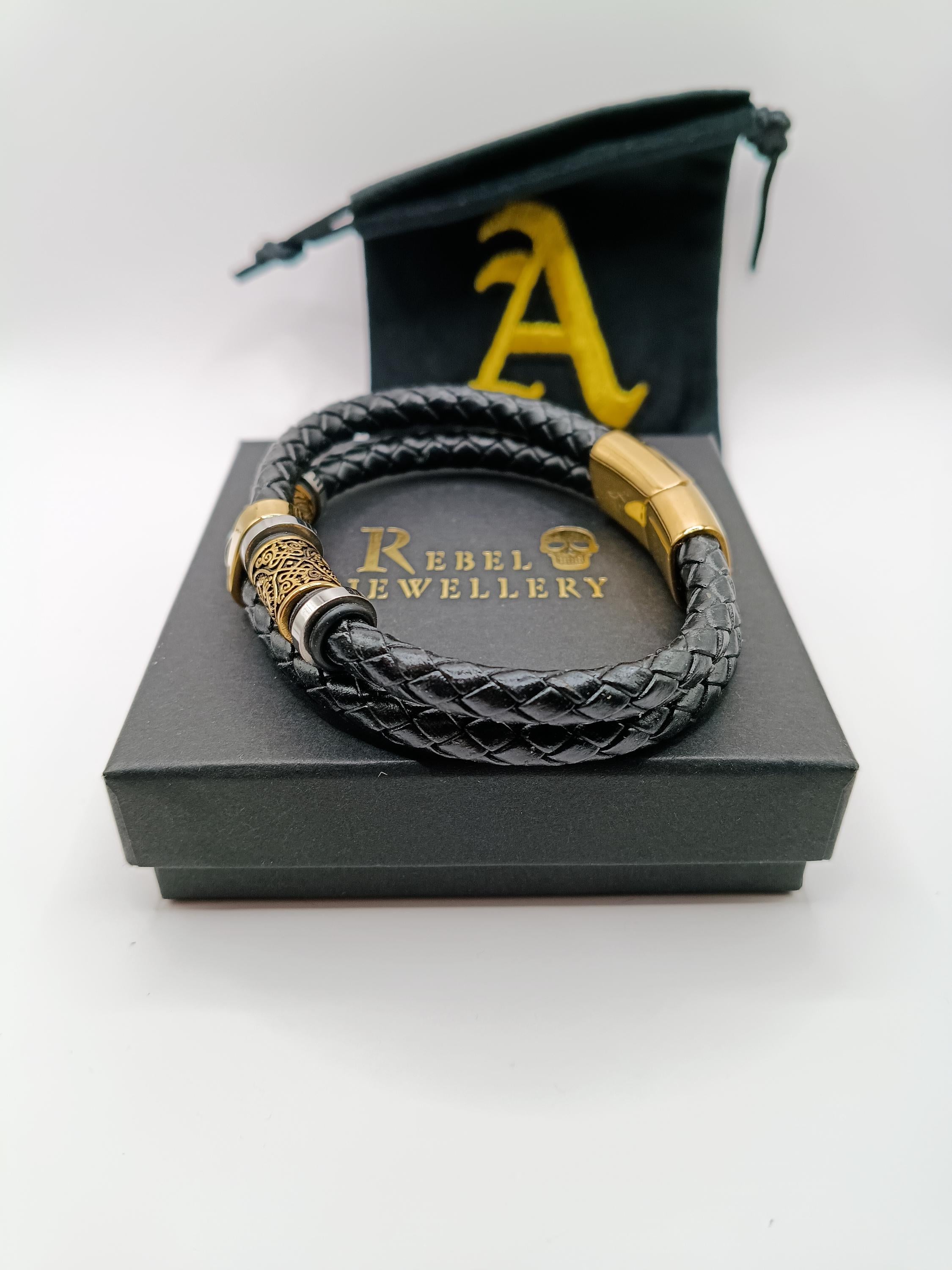 Viking Bracelet - Mens Nordic viking rhune mens leather bracelet gold and black braided. Stainless