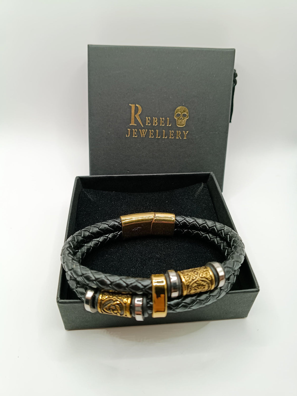 Viking Bracelet - Mens Nordic viking rhune mens leather bracelet gold and black braided. Stainless
