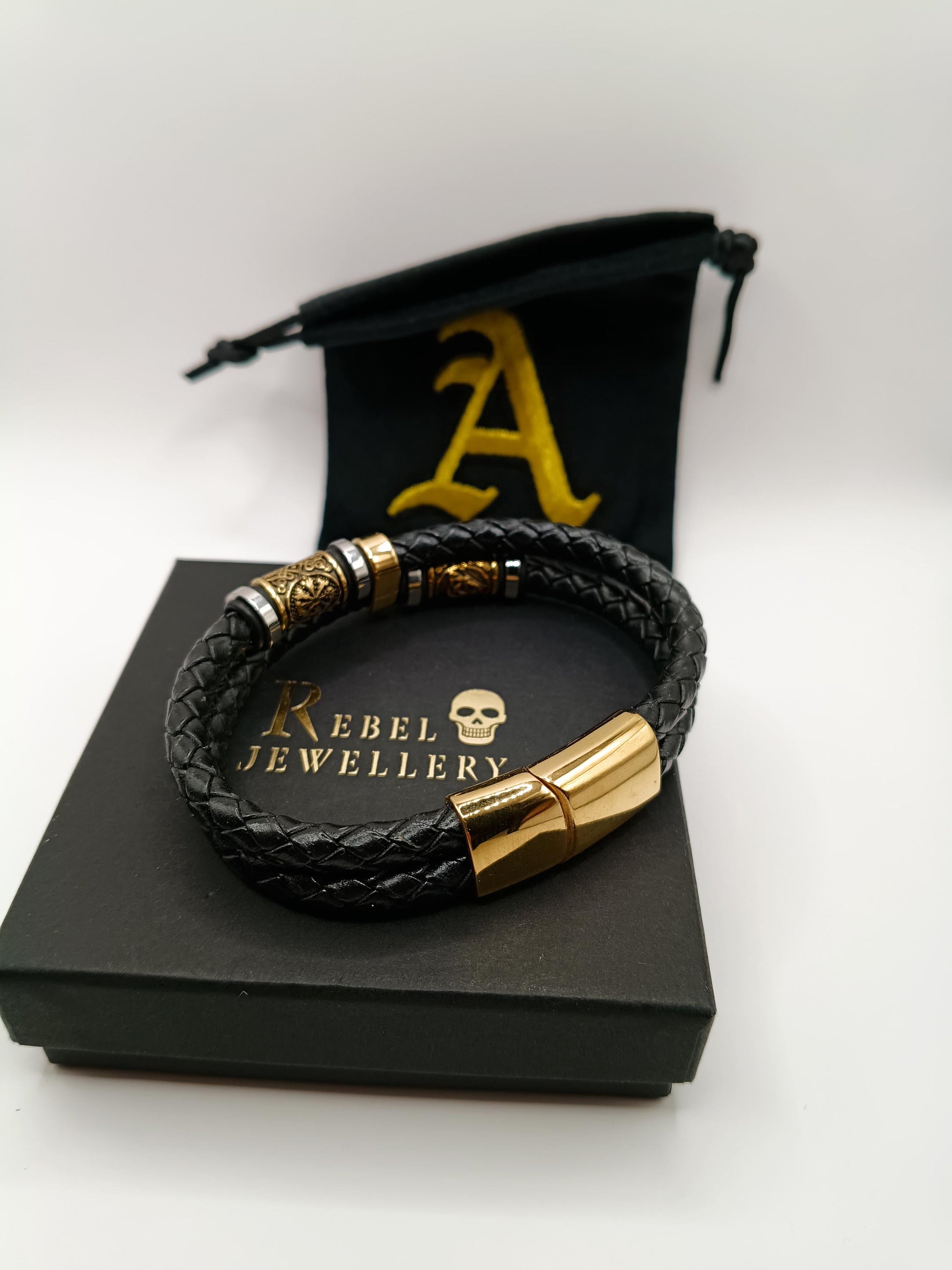 Viking Bracelet - Mens Nordic viking rhune mens leather bracelet gold and black braided. Stainless