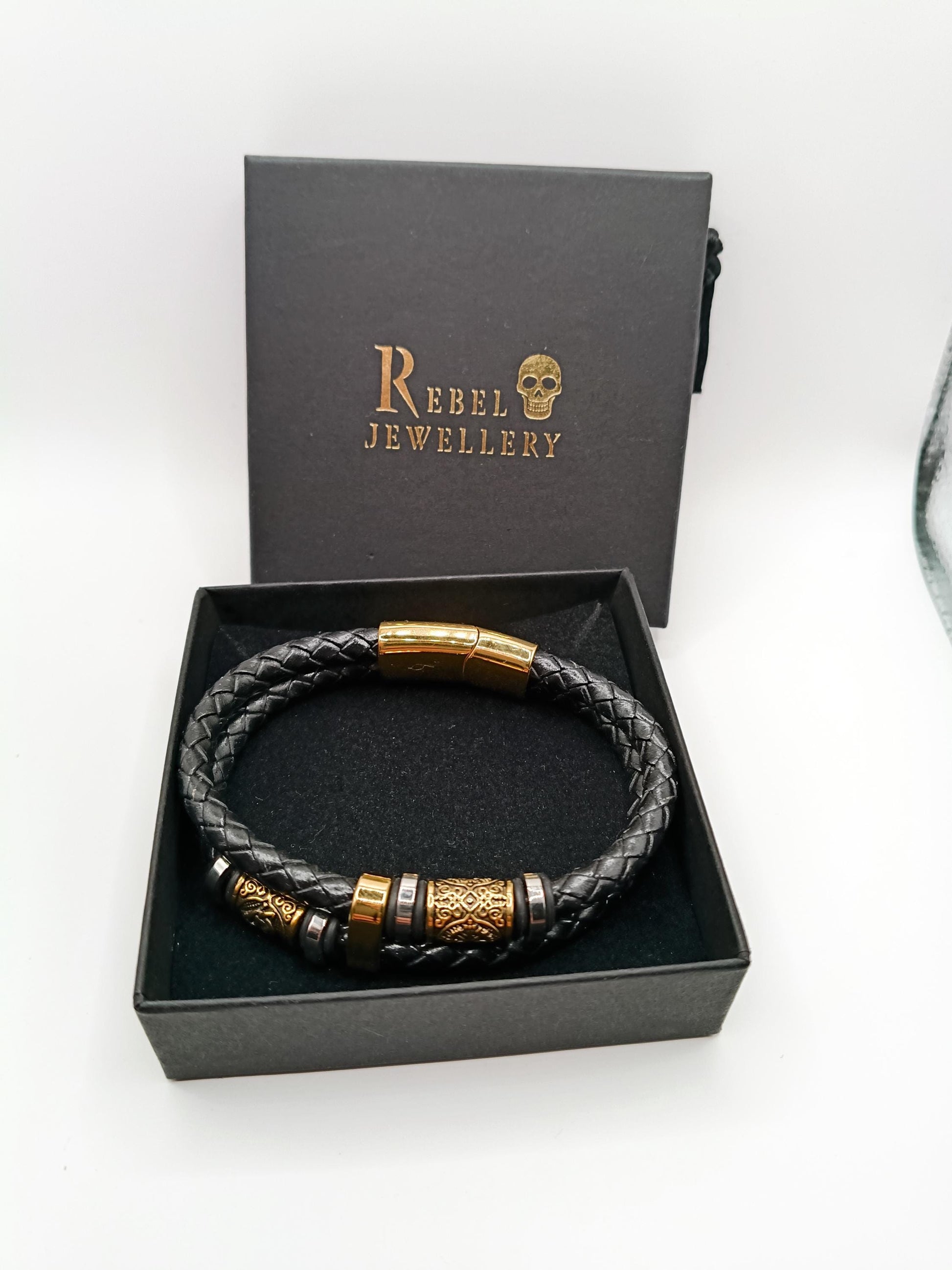 Viking Bracelet - Mens Nordic viking rhune mens leather bracelet gold and black braided. Stainless