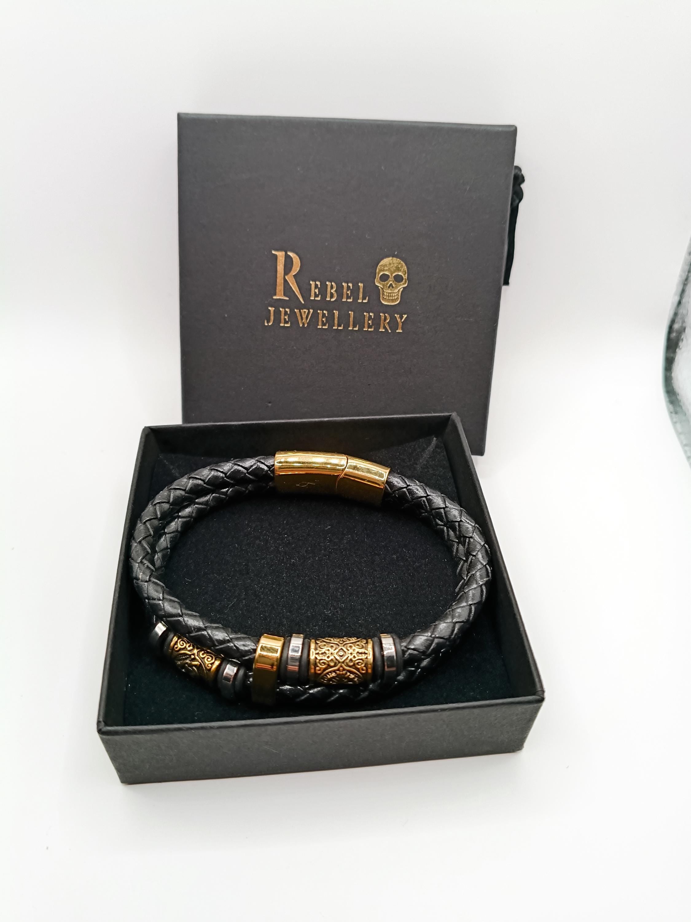 Viking Bracelet - Mens Nordic viking rhune mens leather bracelet gold and black braided. Stainless