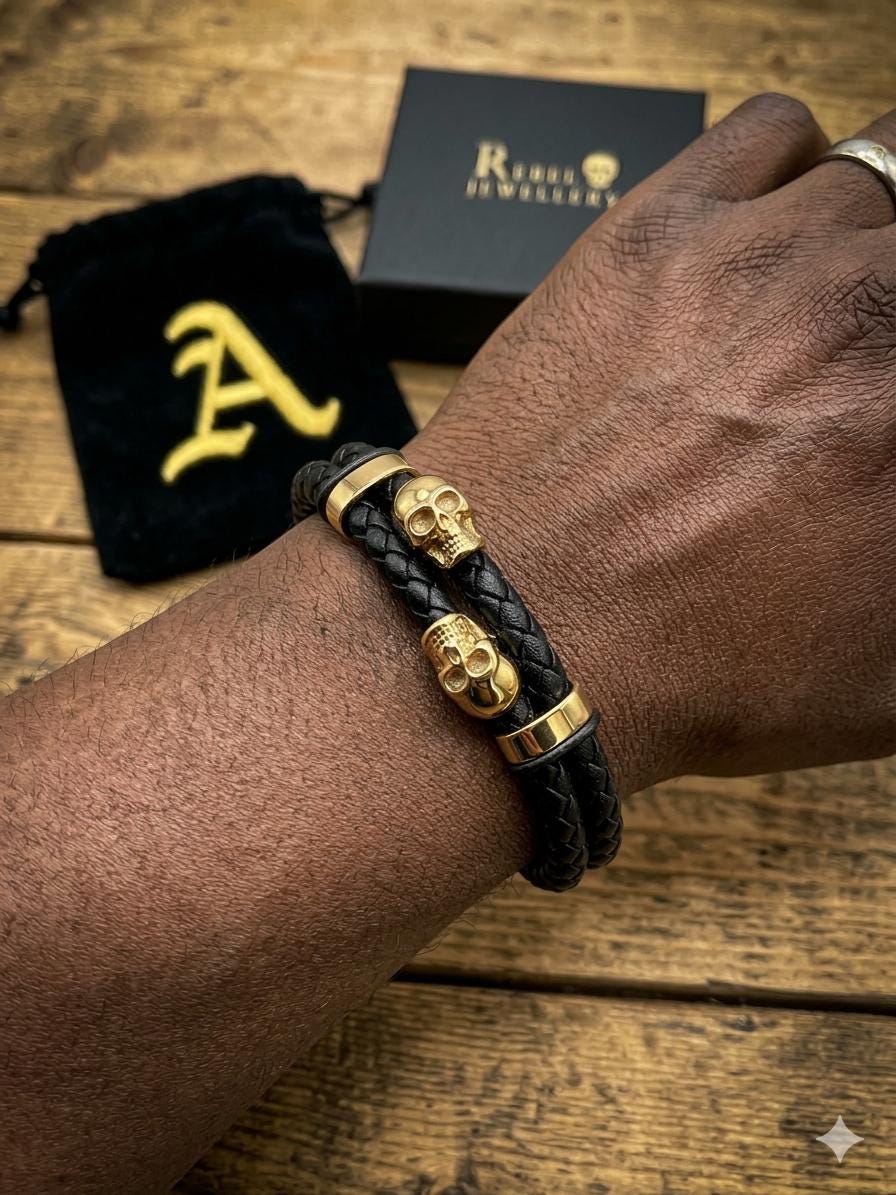 Viking Bracelet - Mens Nordic viking rhune mens leather bracelet gold and black braided. Stainless