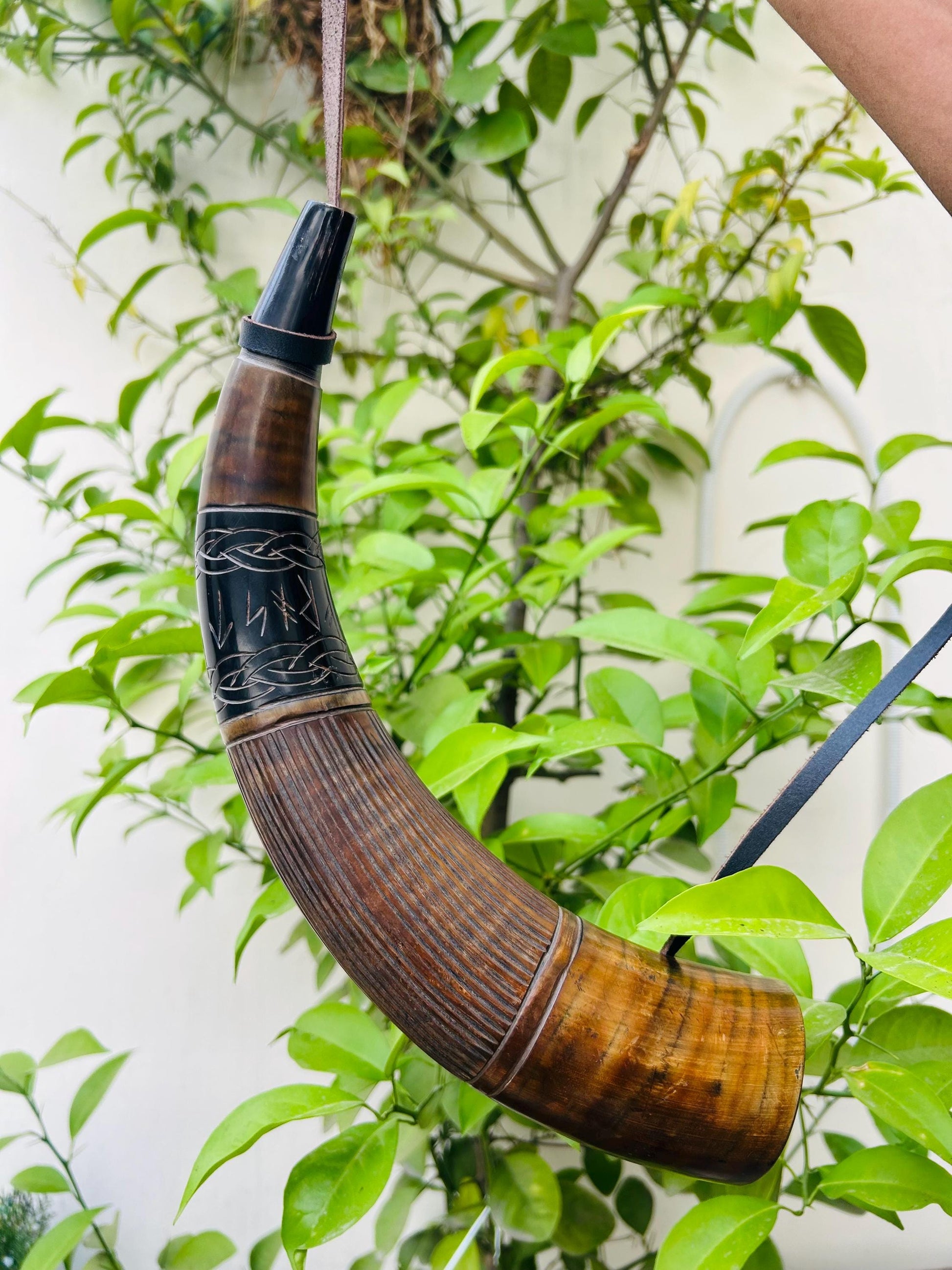 Viking Wolf Weapon Replica - Norse Viking War Horn, Handmade Engraved Wolf Ox Horn, Leather Strap