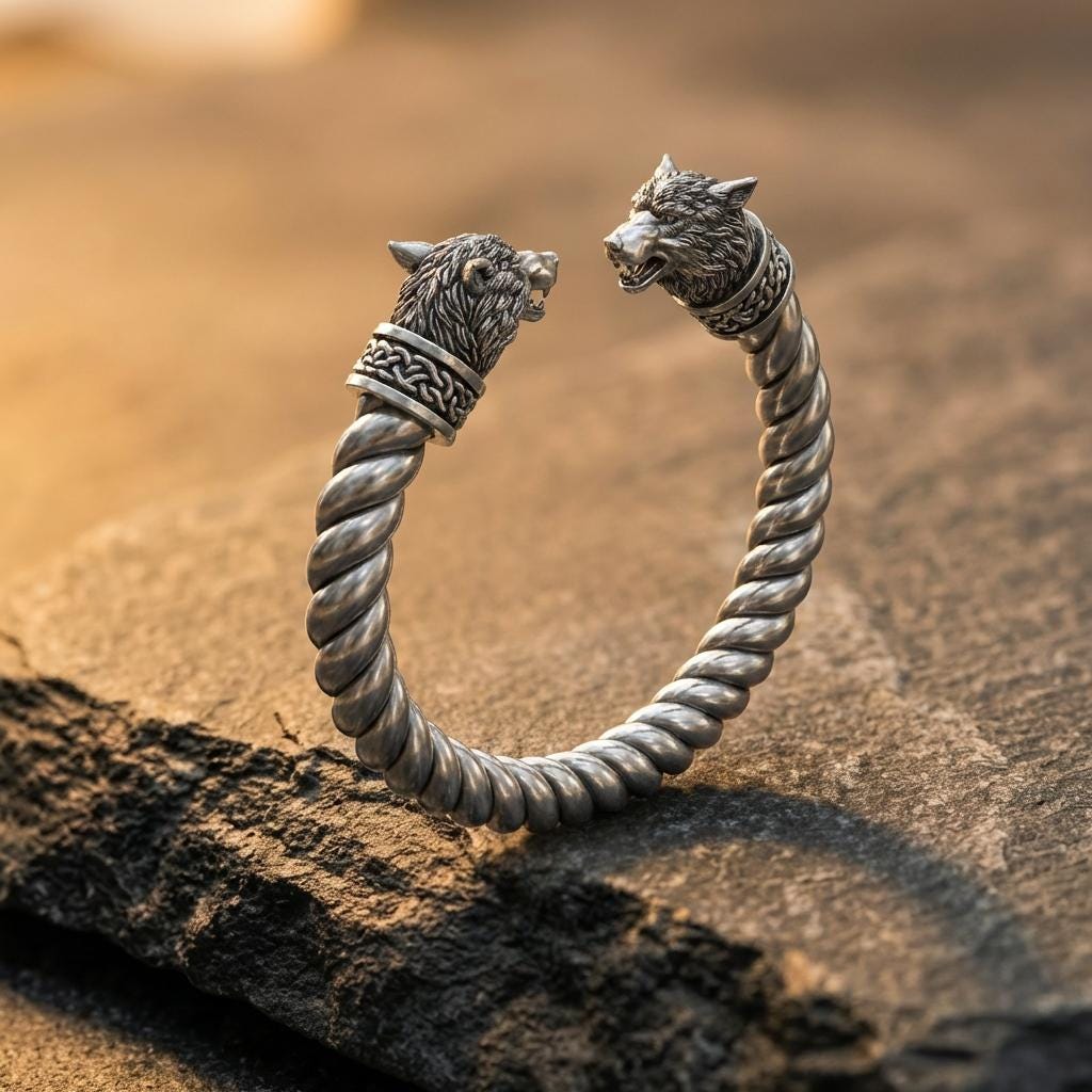 Viking Odin Necklace - Heavy Odin Wolves Viking Bangle Bracelet - 925 Sterling Silver Nordic Amulet