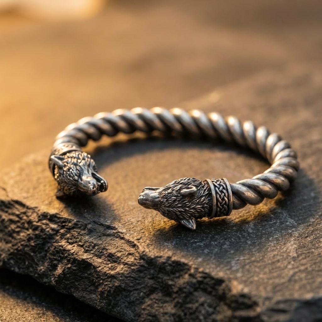 Viking Odin Necklace - Heavy Odin Wolves Viking Bangle Bracelet - 925 Sterling Silver Nordic Amulet