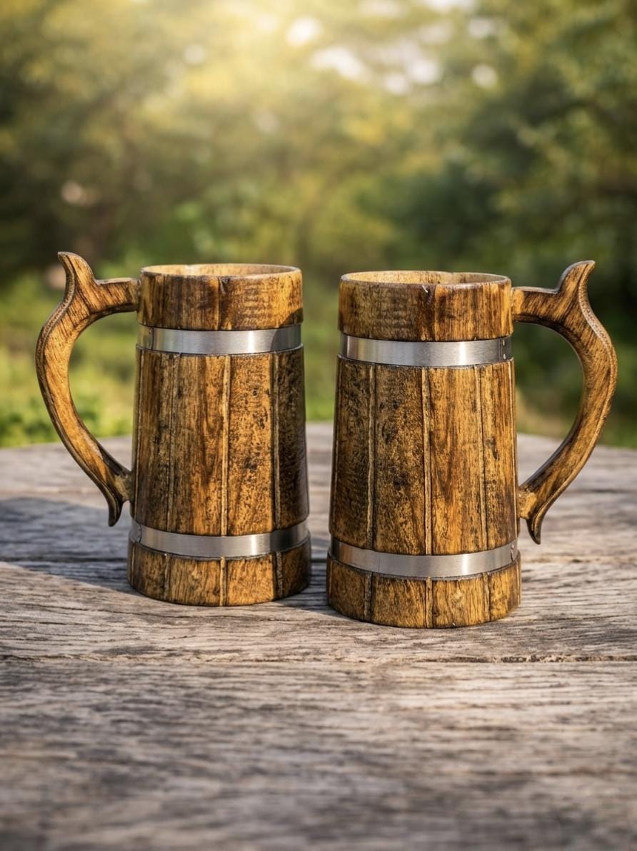 Viking Mug - Handcrafted Wooden Beer Mug: Rustic Viking Tankard with Stainless Steel Lining