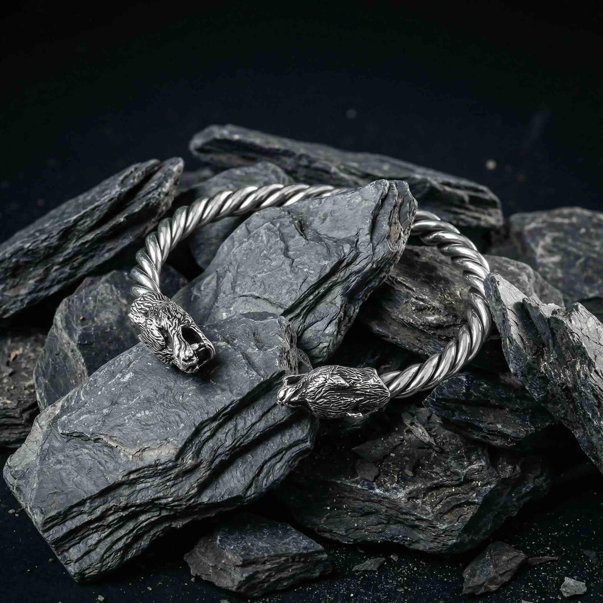 Viking Wolf Bracelet - Sterling Silver Wolf Head Torque Bangle – Nordic Viking Twisted Cuff