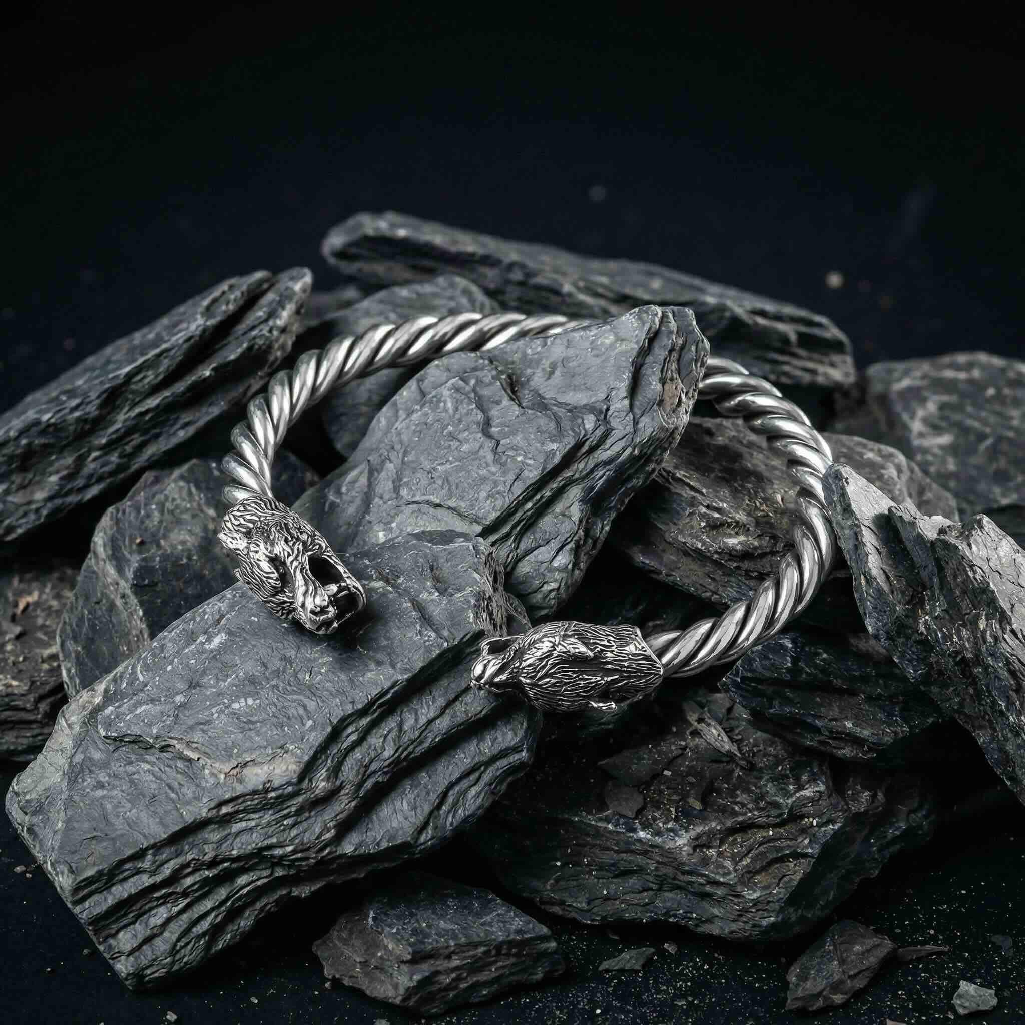 Viking Wolf Bracelet - Sterling Silver Wolf Head Torque Bangle – Nordic Viking Twisted Cuff