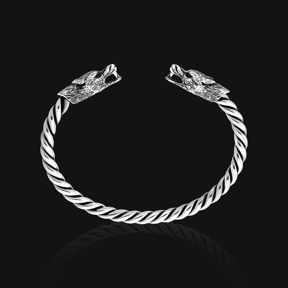 Viking Wolf Bracelet - Sterling Silver Wolf Head Torque Bangle – Nordic Viking Twisted Cuff