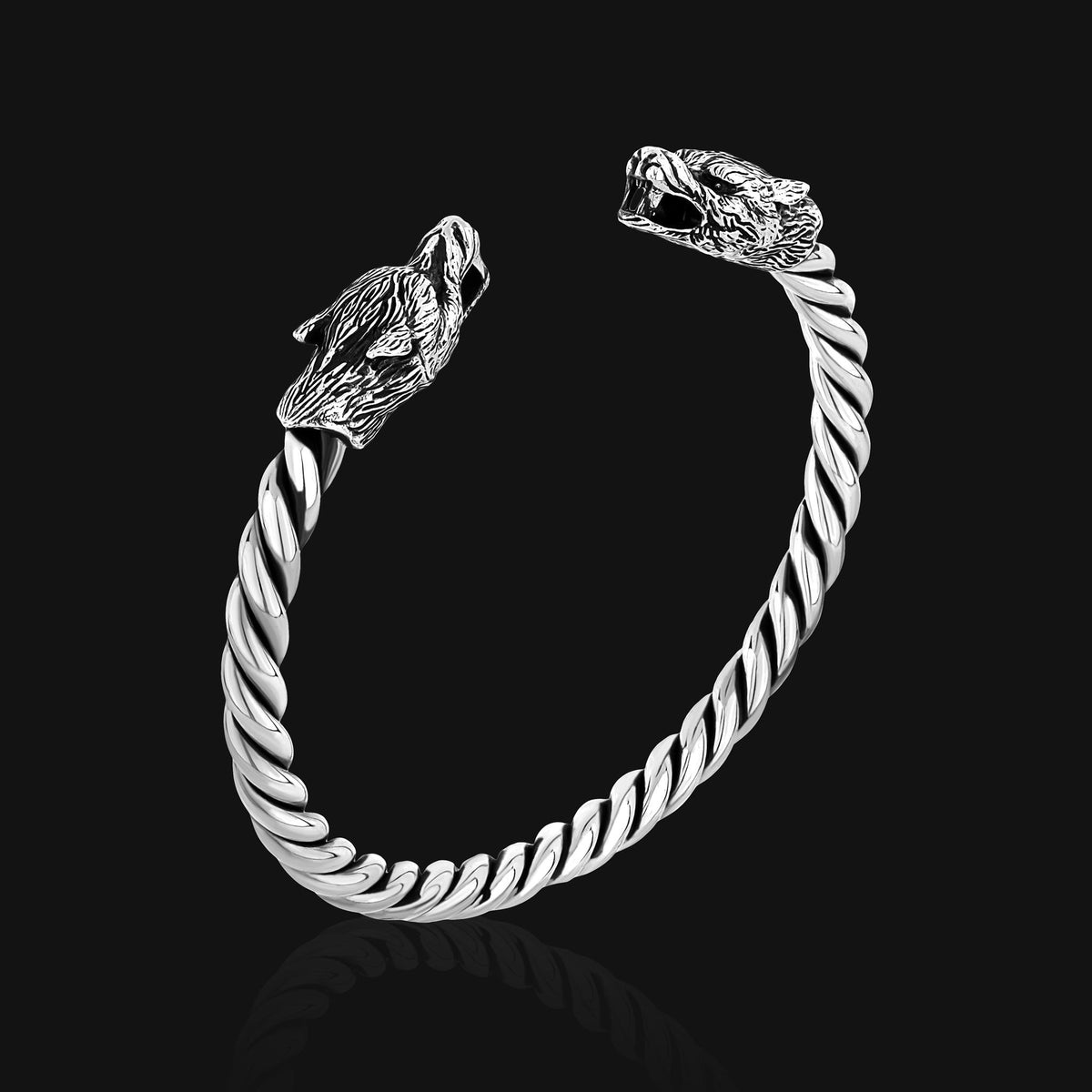 Viking Wolf Bracelet - Sterling Silver Wolf Head Torque Bangle – Nordic Viking Twisted Cuff