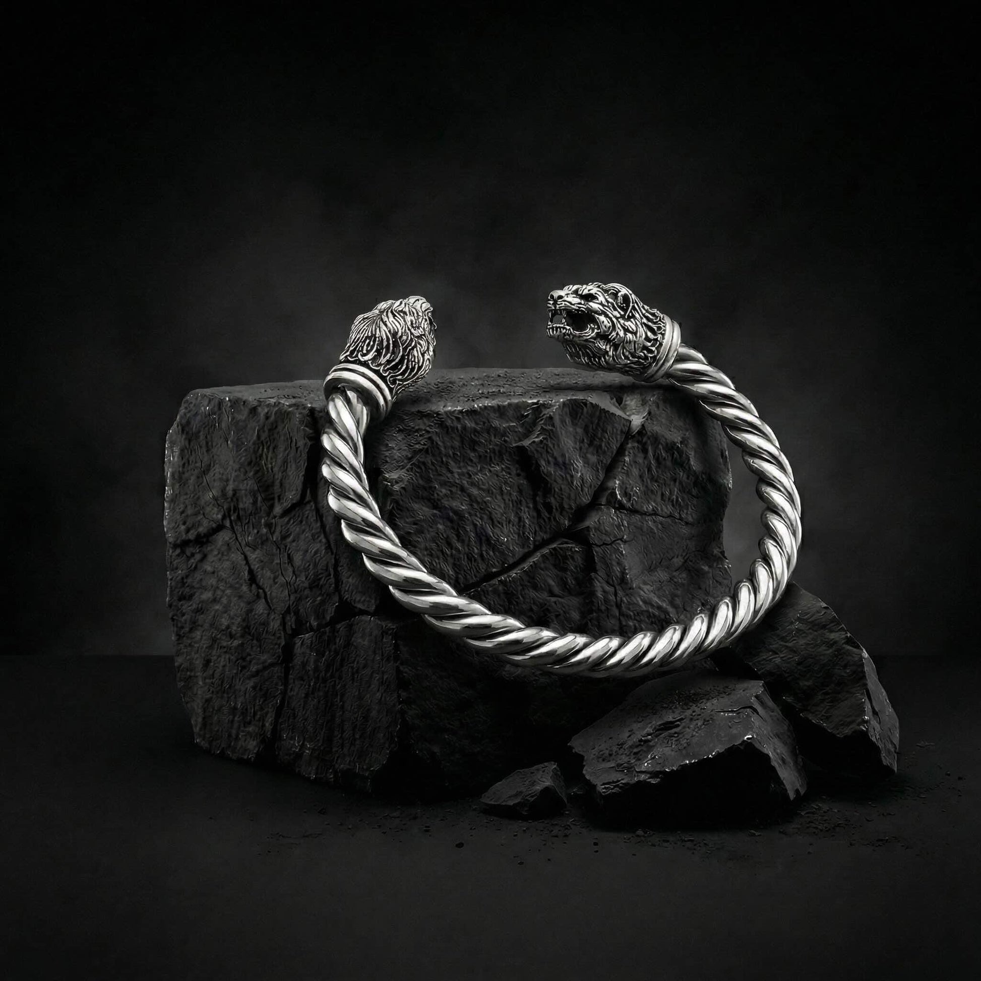 Viking Wolf Bracelet - Sterling Silver Wolf Head Torque Bangle – Nordic Viking Twisted Cuff