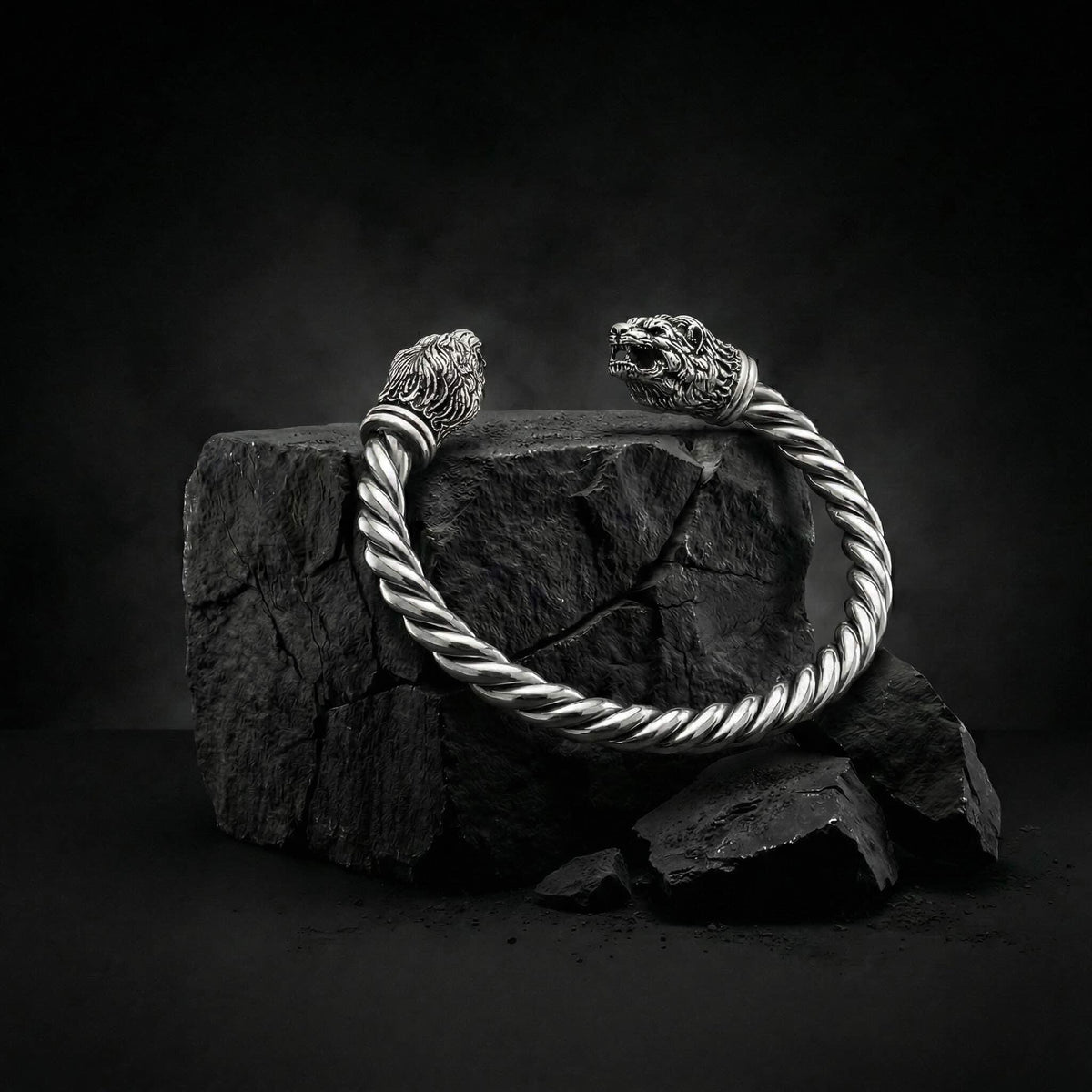 Viking Wolf Bracelet - Sterling Silver Wolf Head Torque Bangle – Nordic Viking Twisted Cuff