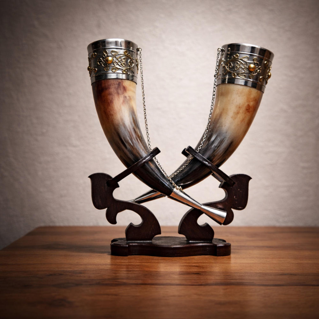 Viking Mug - Viking Drinking Horn Set with Wood Stand – Handcrafted Silver Filigree Norse Decor
