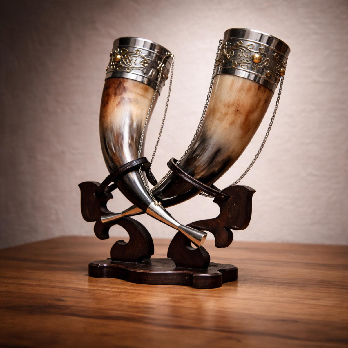 Viking Mug - Viking Drinking Horn Set with Wood Stand – Handcrafted Silver Filigree Norse Decor