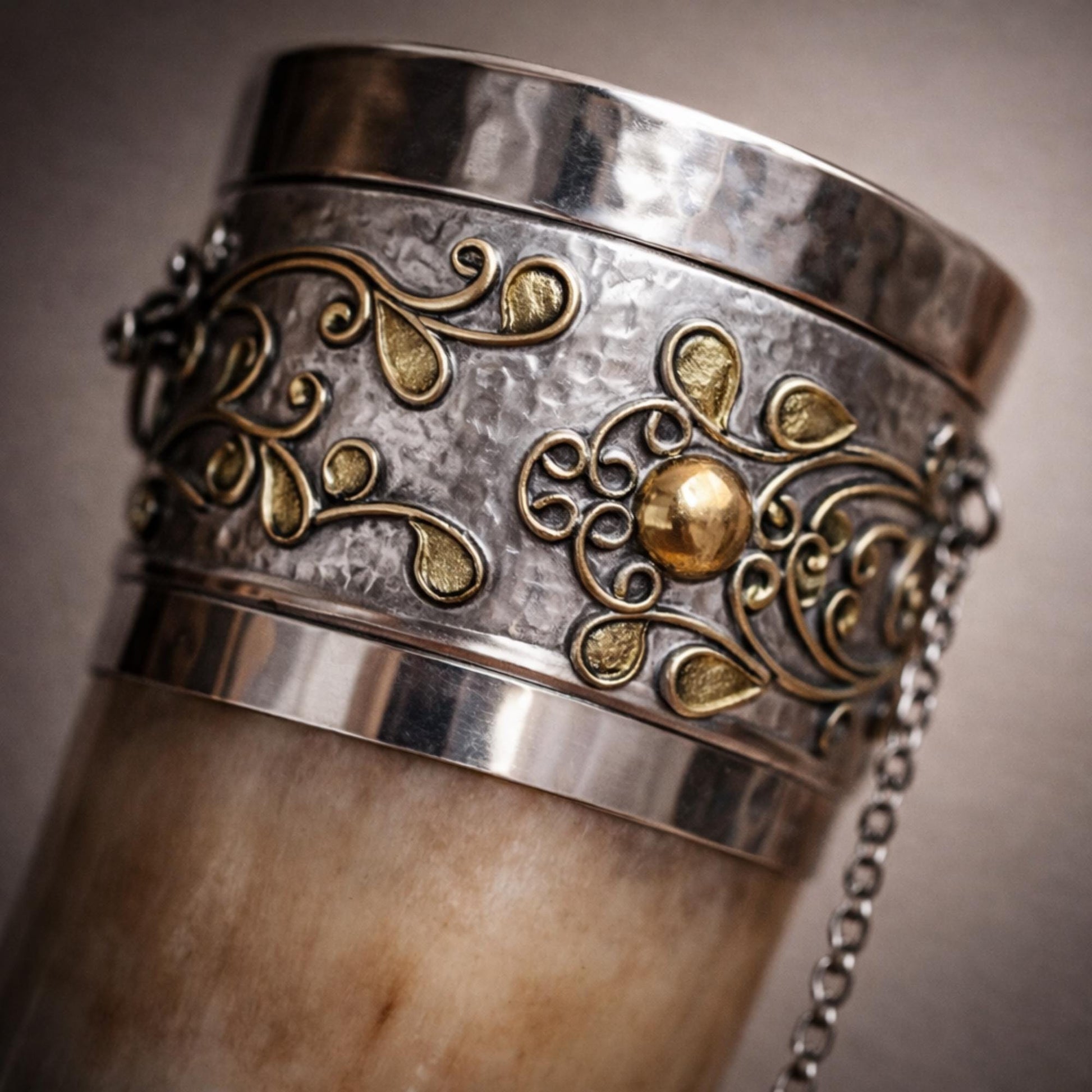 Viking Mug - Viking Drinking Horn Set with Wood Stand – Handcrafted Silver Filigree Norse Decor
