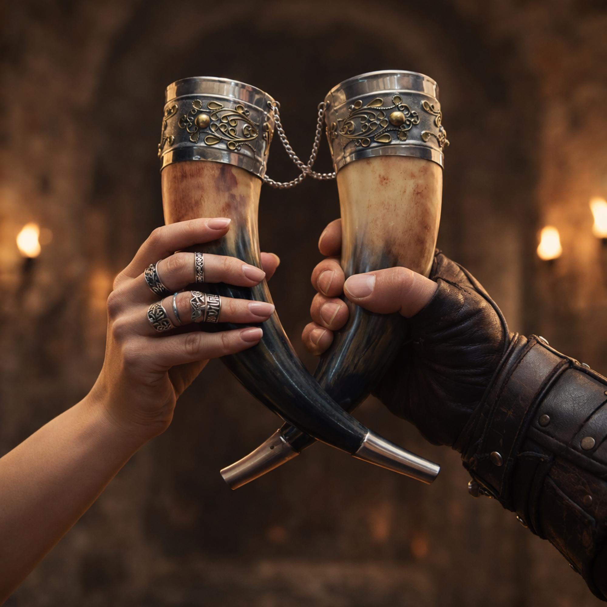 Viking Mug - Viking Drinking Horn Set with Wood Stand – Handcrafted Silver Filigree Norse Decor