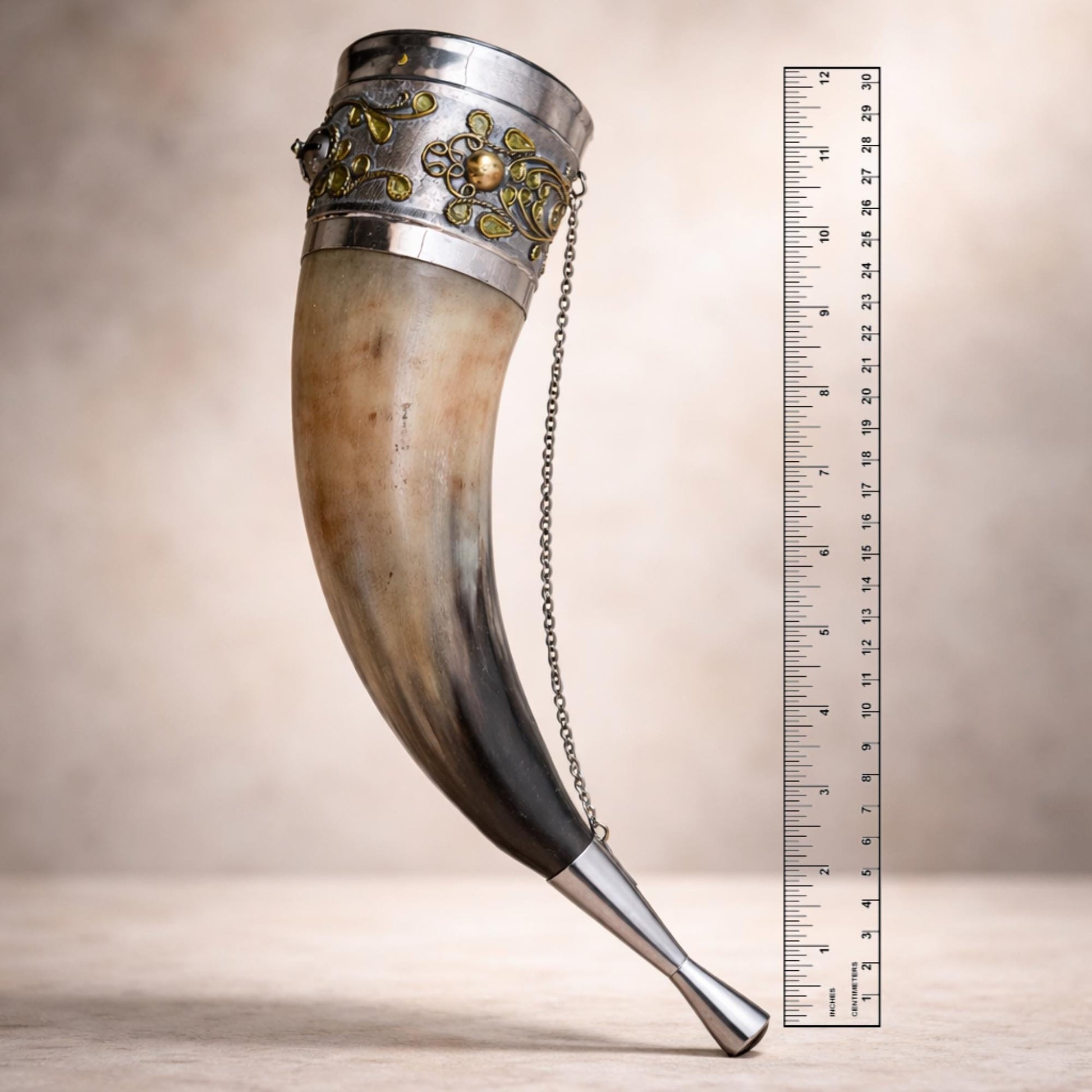Viking Mug - Viking Drinking Horn Set with Wood Stand – Handcrafted Silver Filigree Norse Decor