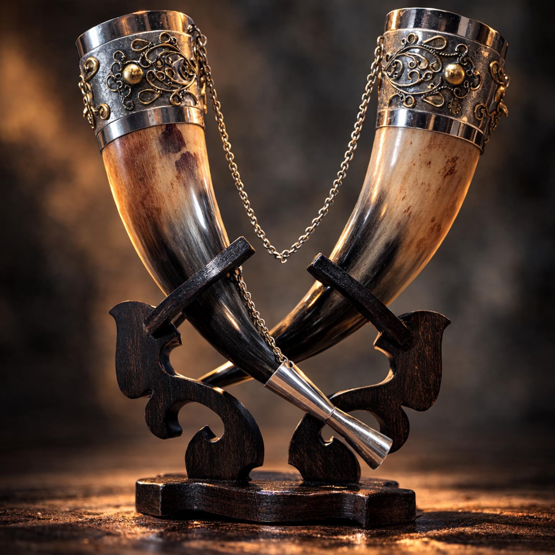 Viking Mug - Viking Drinking Horn Set with Wood Stand – Handcrafted Silver Filigree Norse Decor
