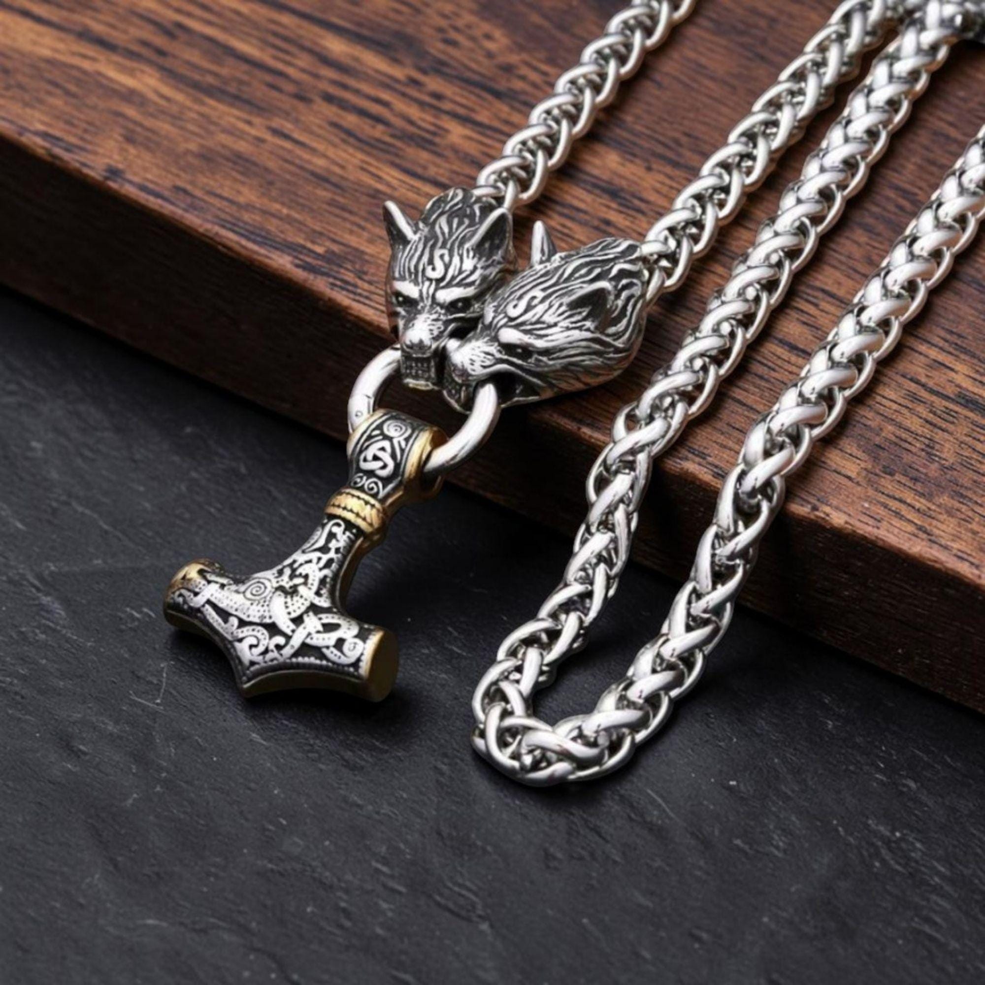 Viking Thor's Hammer Necklace - Wolf Head Thor's Hammer Necklace: Stainless Steel Viking Mjolnir